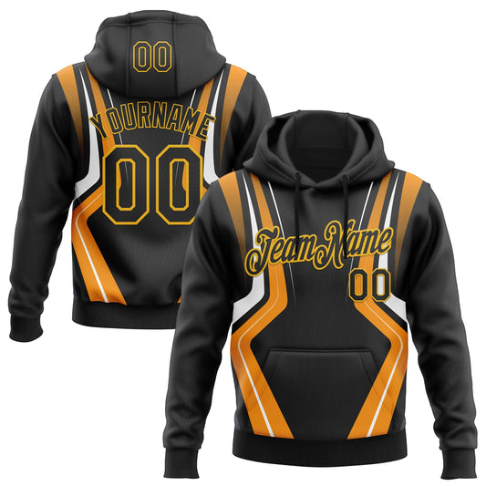 Custom Stitched Black Orange White-Gold 3D Pattern Design Sportswear Pullover Sweatshirt Hoodie - Main View
