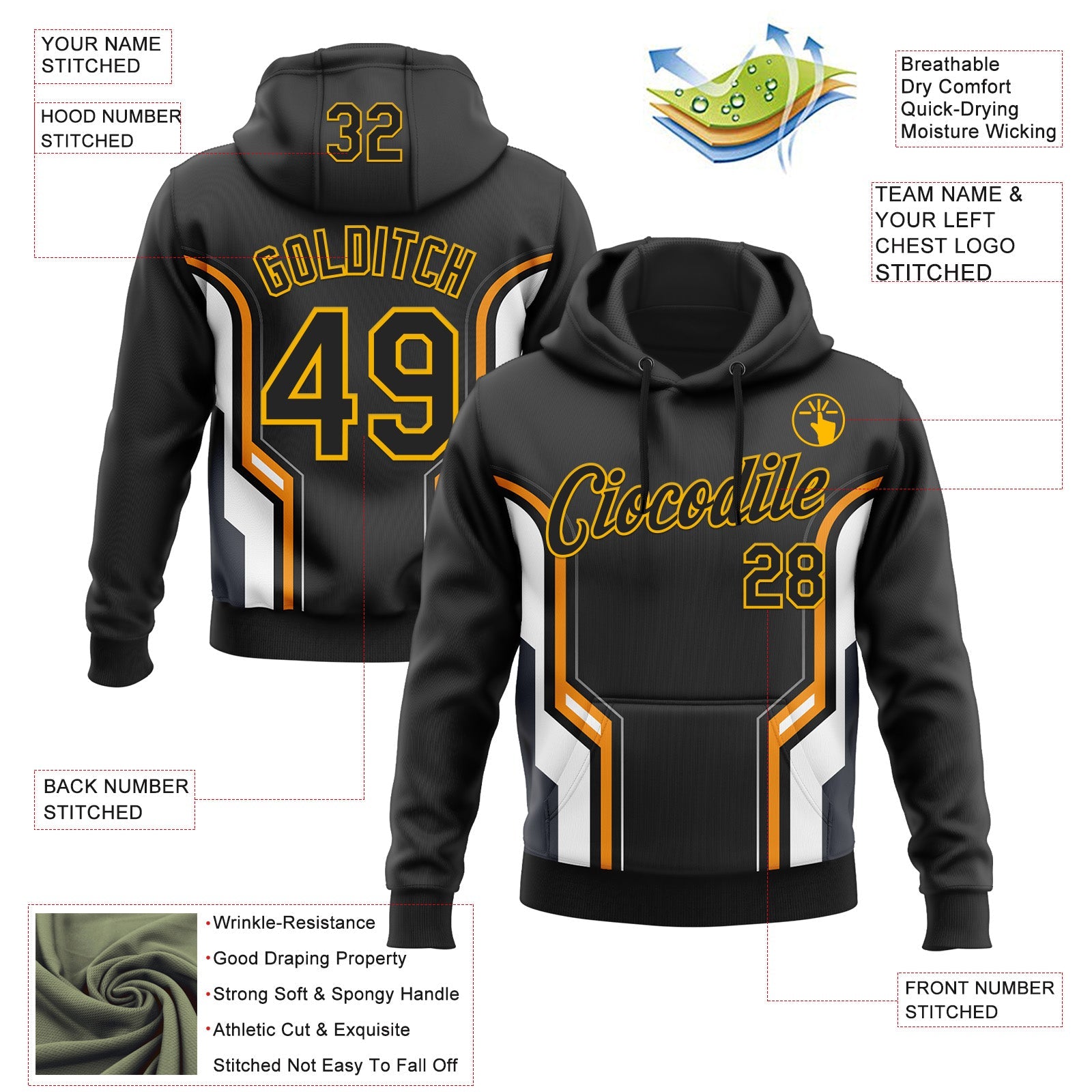 Custom Stitched Black Orange White-Gold 3D Pattern Design Sportswear Pullover Sweatshirt Hoodie view 2