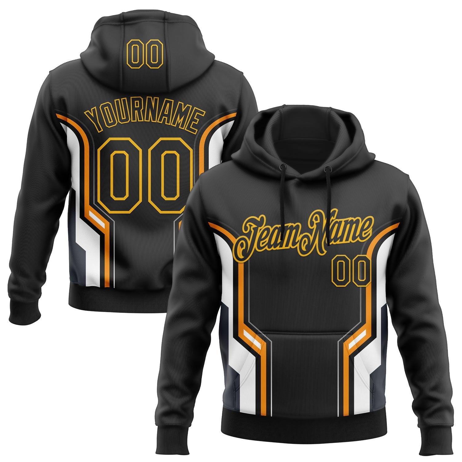 Custom Stitched Black Orange White-Gold 3D Pattern Design Sportswear Pullover Sweatshirt Hoodie - Main View
