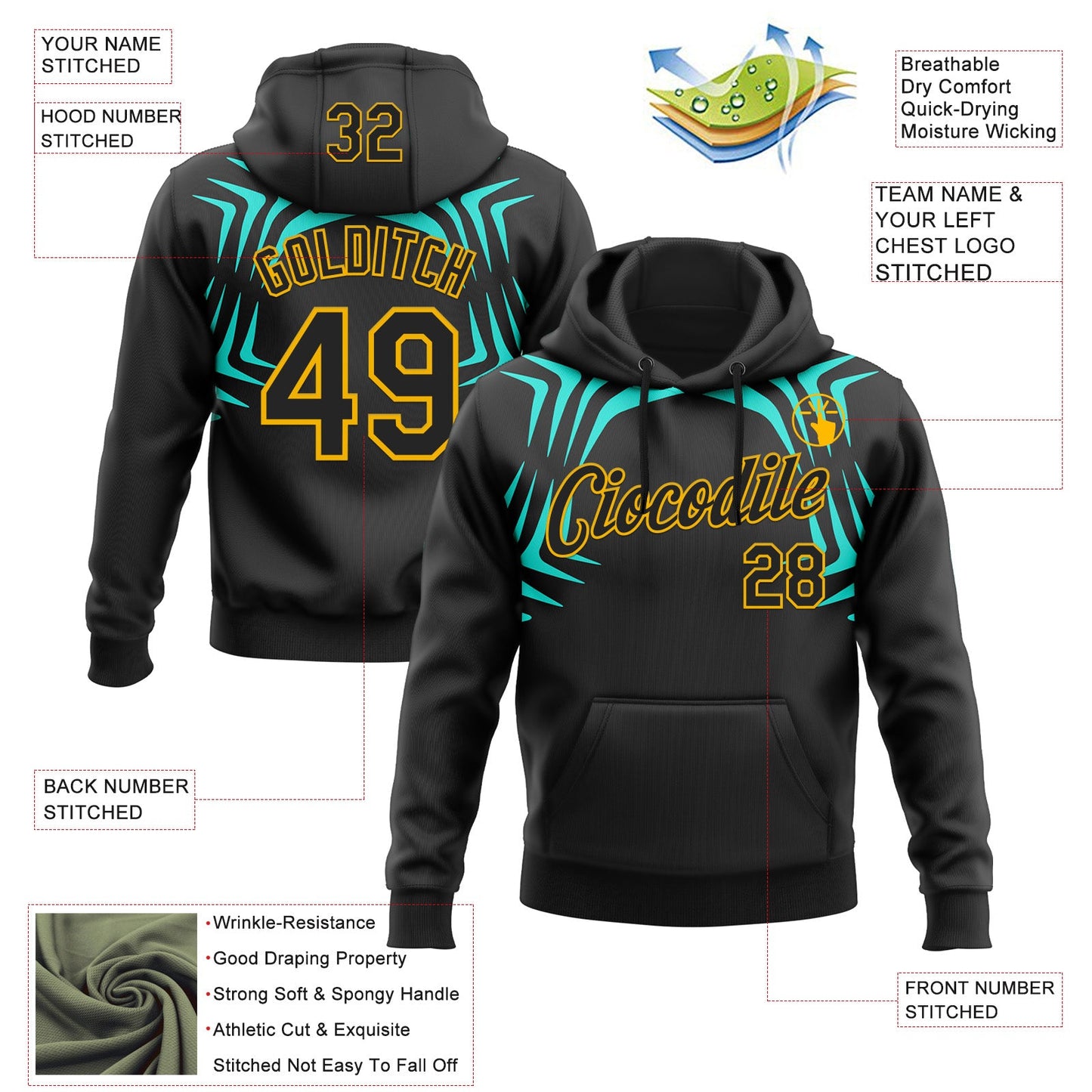 Custom Stitched Black Green-Gold 3D Pattern Design Sportswear Pullover Sweatshirt Hoodie view 2