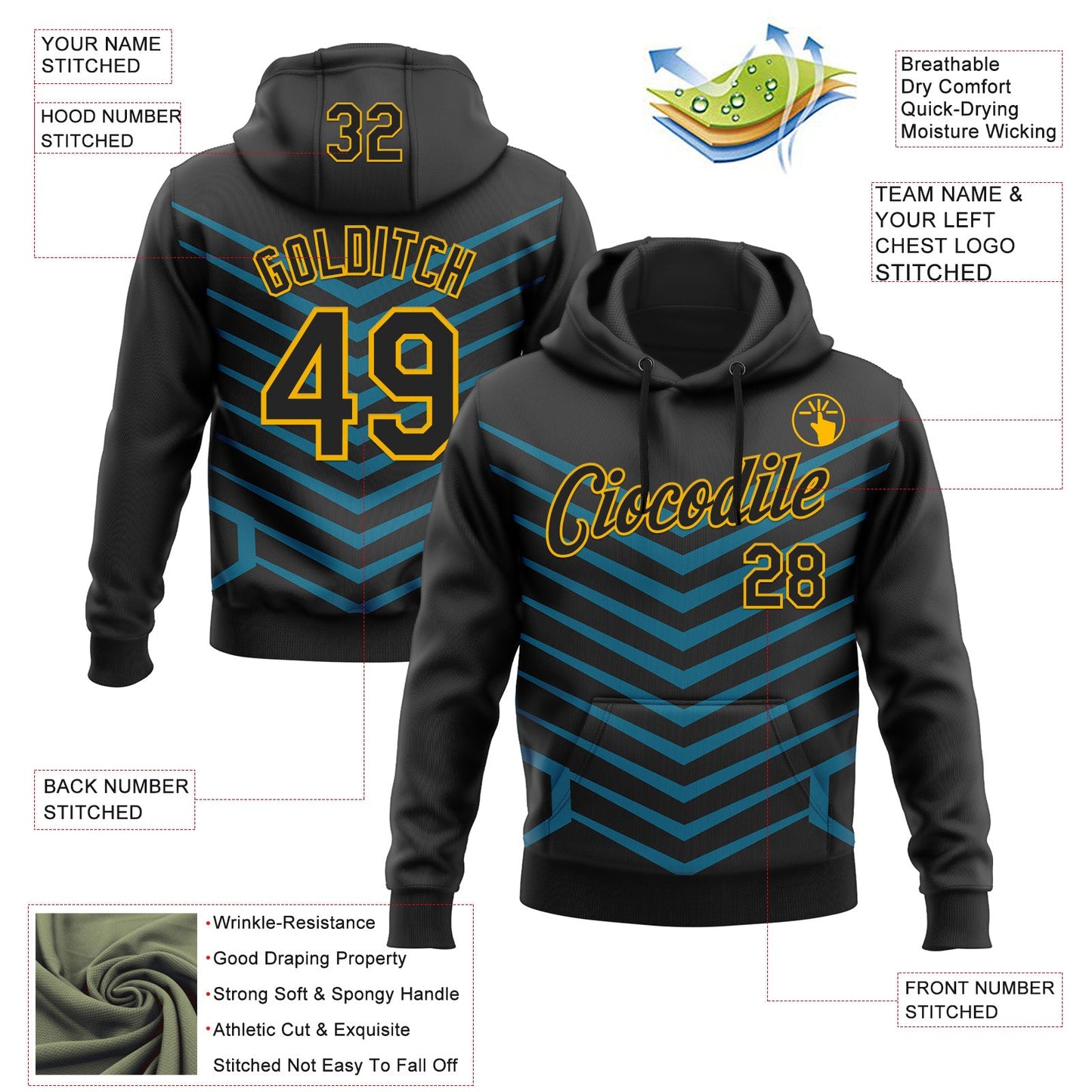 Custom Stitched Black Blue-Gold 3D Pattern Design Sportswear Pullover Sweatshirt Hoodie view 2