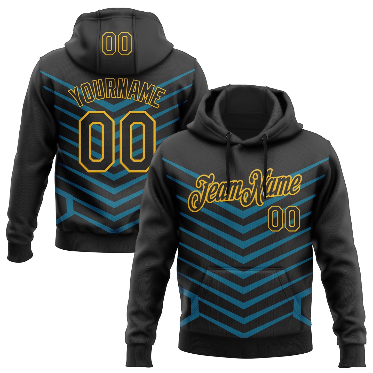 Custom Stitched Black Blue-Gold 3D Pattern Design Sportswear Pullover Sweatshirt Hoodie - Main View