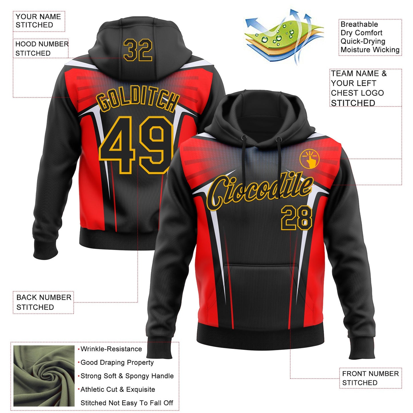 Custom Stitched Black Red White-Gold 3D Pattern Design Sportswear Pullover Sweatshirt Hoodie view 2