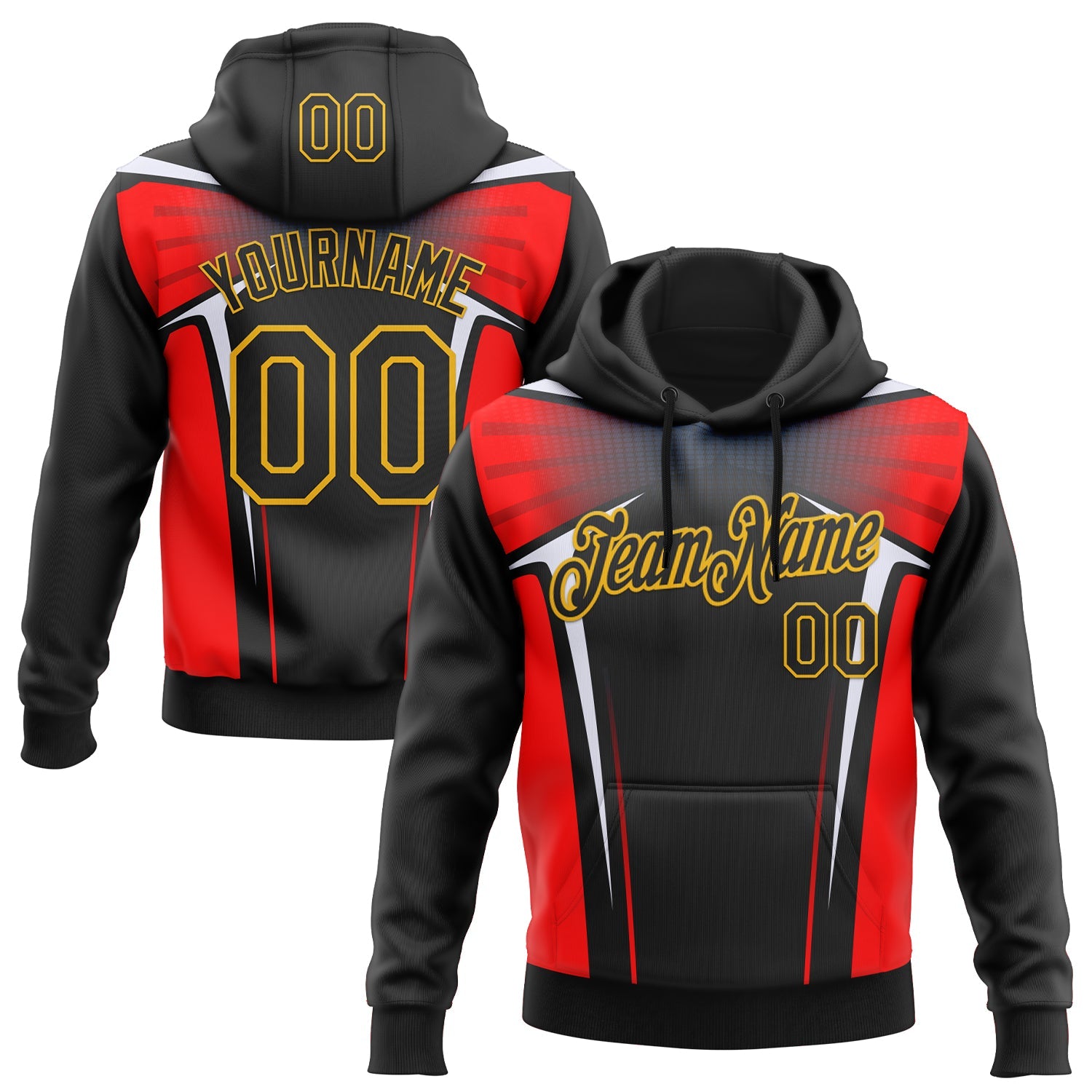 Custom Stitched Black Red White-Gold 3D Pattern Design Sportswear Pullover Sweatshirt Hoodie - Main View