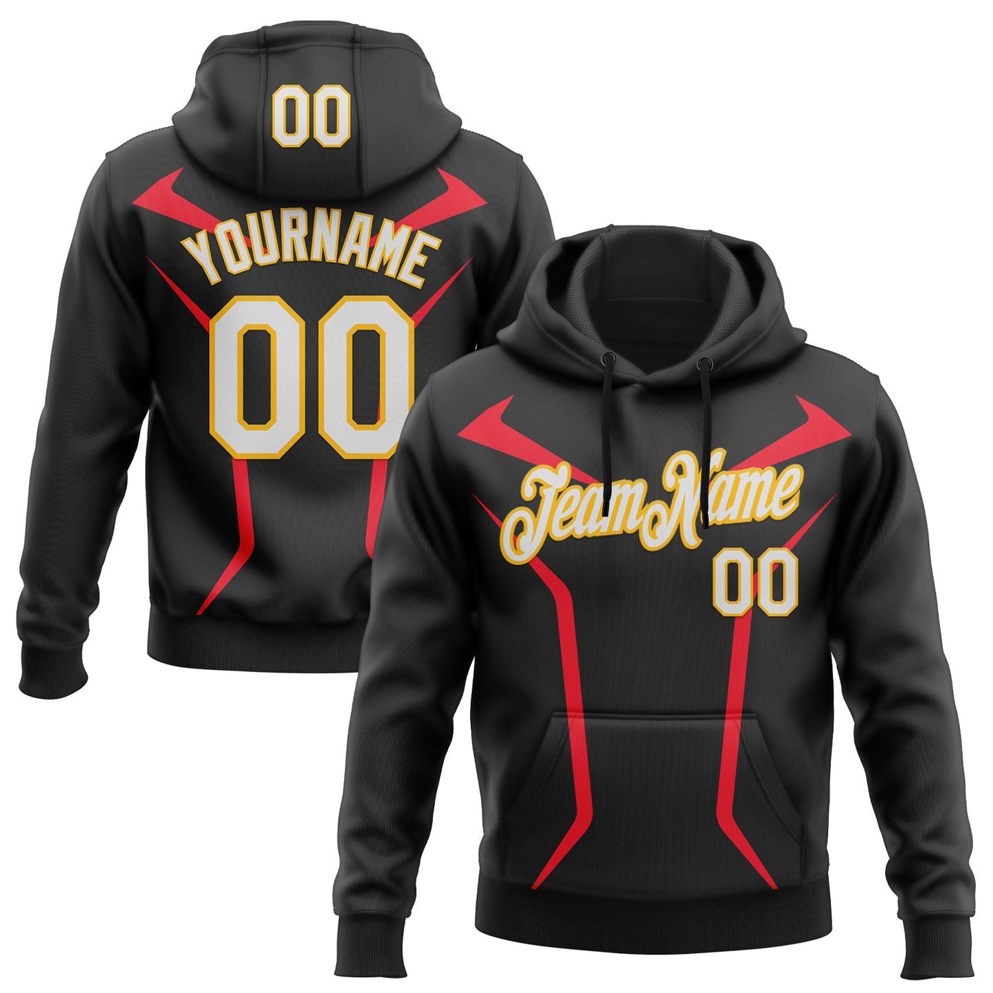 Custom Stitched Black White Red-Gold 3D Pattern Design Sportswear Pullover Sweatshirt Hoodie - Main View
