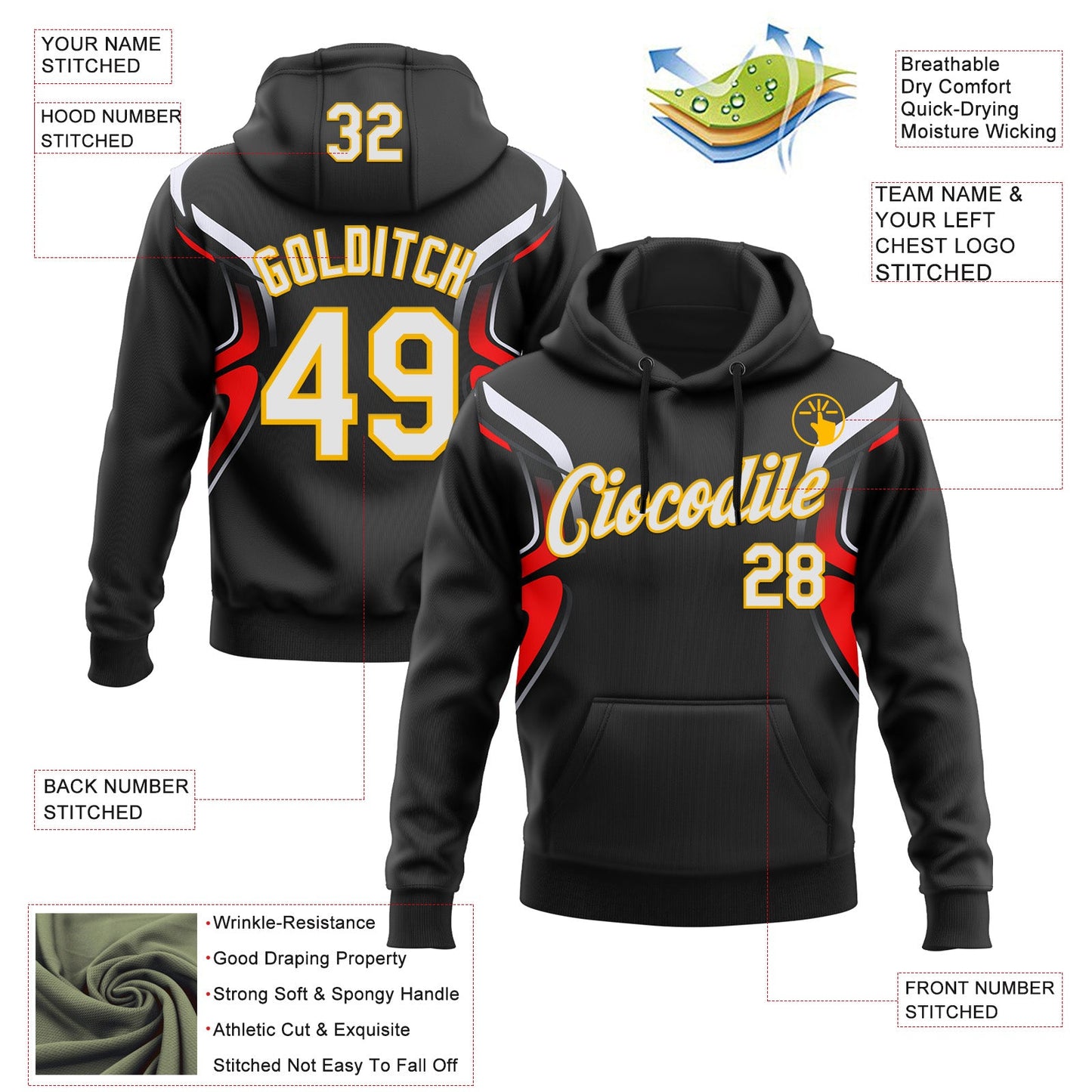 Custom Stitched Black White Red-Gold 3D Pattern Design Sportswear Pullover Sweatshirt Hoodie view 2