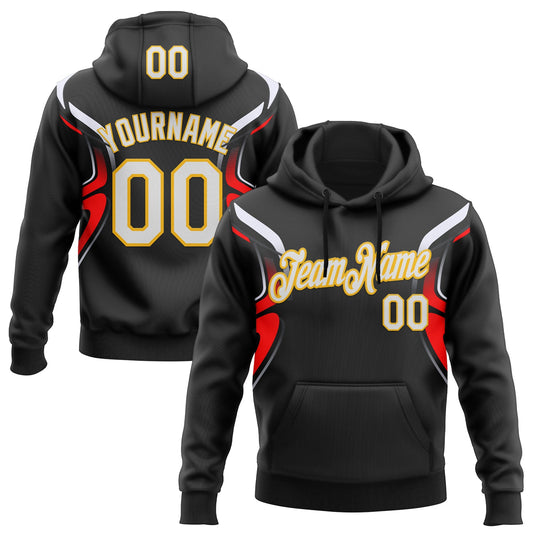 Custom Stitched Black White Red-Gold 3D Pattern Design Sportswear Pullover Sweatshirt Hoodie - Main View