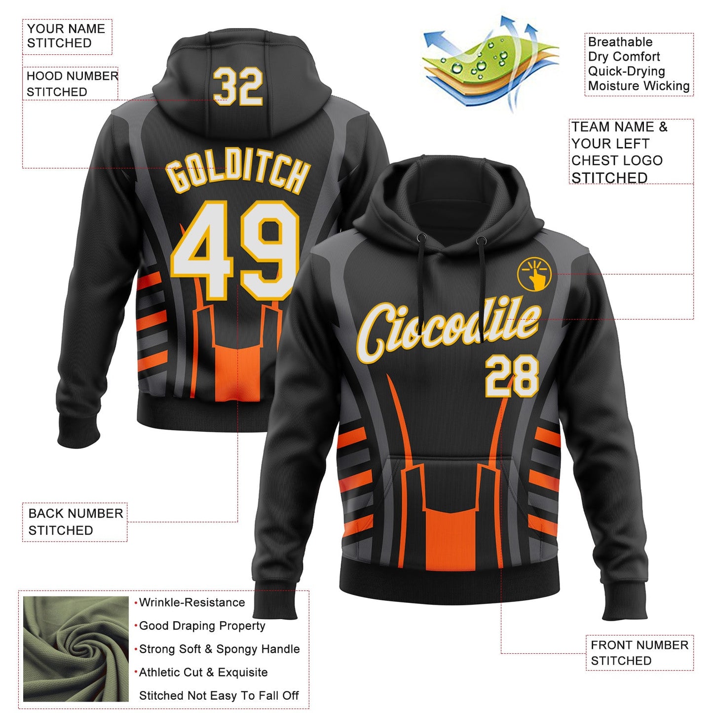 Custom Stitched Black White Gray Orange-Gold 3D Pattern Design Sportswear Pullover Sweatshirt Hoodie view 2