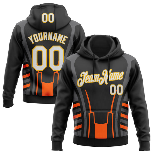 Custom Stitched Black White Gray Orange-Gold 3D Pattern Design Sportswear Pullover Sweatshirt Hoodie - Main View