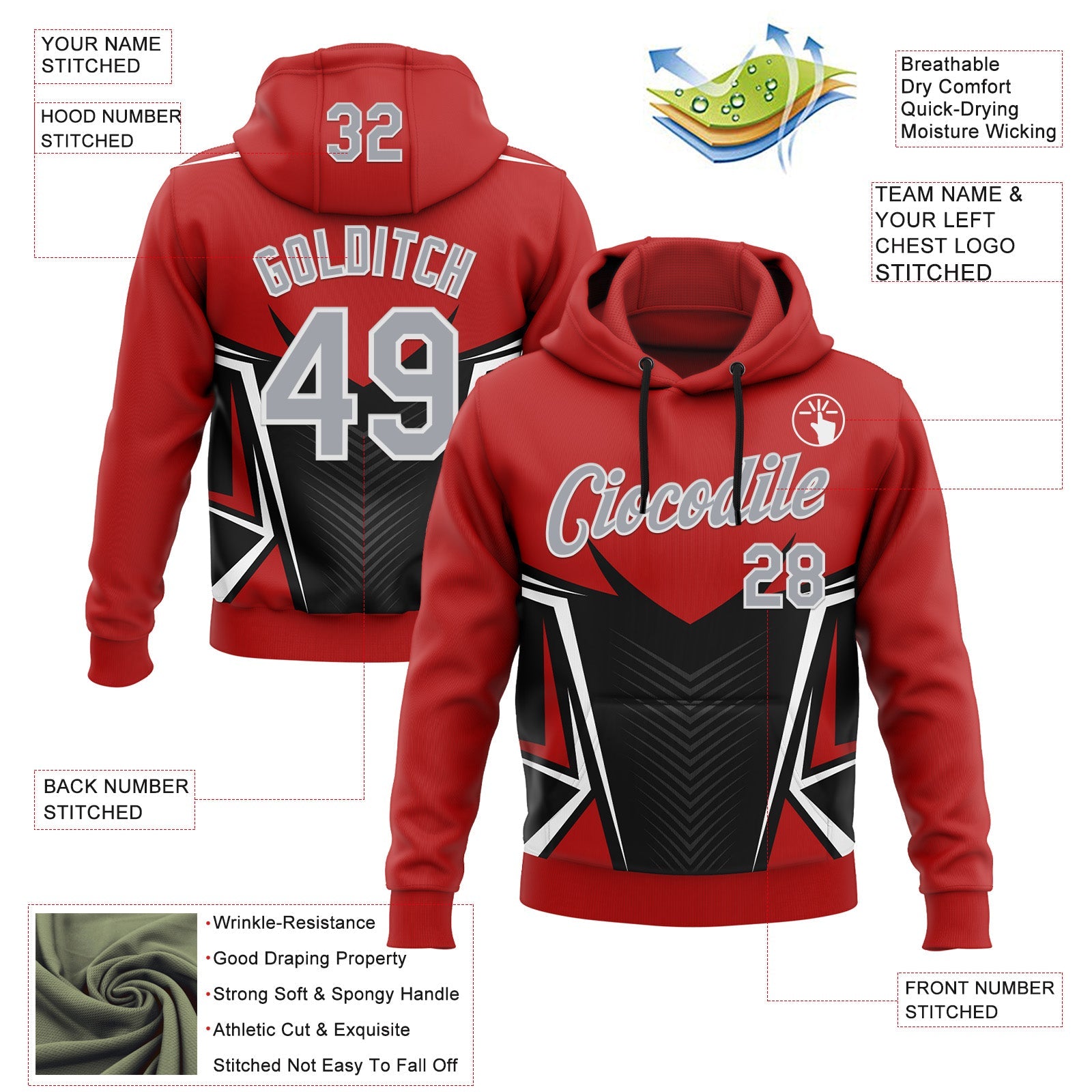 Custom Stitched Red Light Gray Black-White 3D Pattern Design Sportswear Pullover Sweatshirt Hoodie view 2