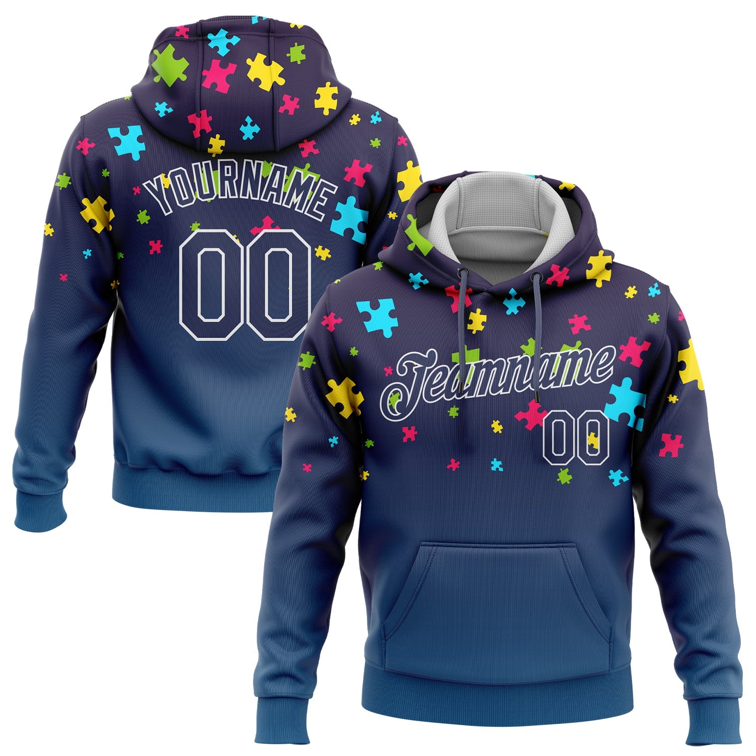 Custom Stitched Autism Supporter Awareness Puzzle Pieces Navy-White 3D Pattern Design Sports Pullover Sweatshirt Hoodie - Main View