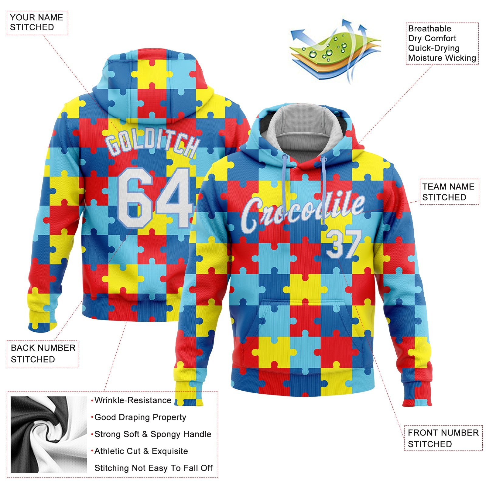 Custom Stitched Autism Supporter Awareness Puzzle Pieces White-Light Blue 3D Pattern Design Sports Pullover Sweatshirt Hoodie view 2