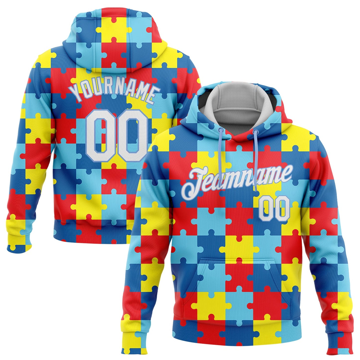 Custom Stitched Autism Supporter Awareness Puzzle Pieces White-Light Blue 3D Pattern Design Sports Pullover Sweatshirt Hoodie - Main View