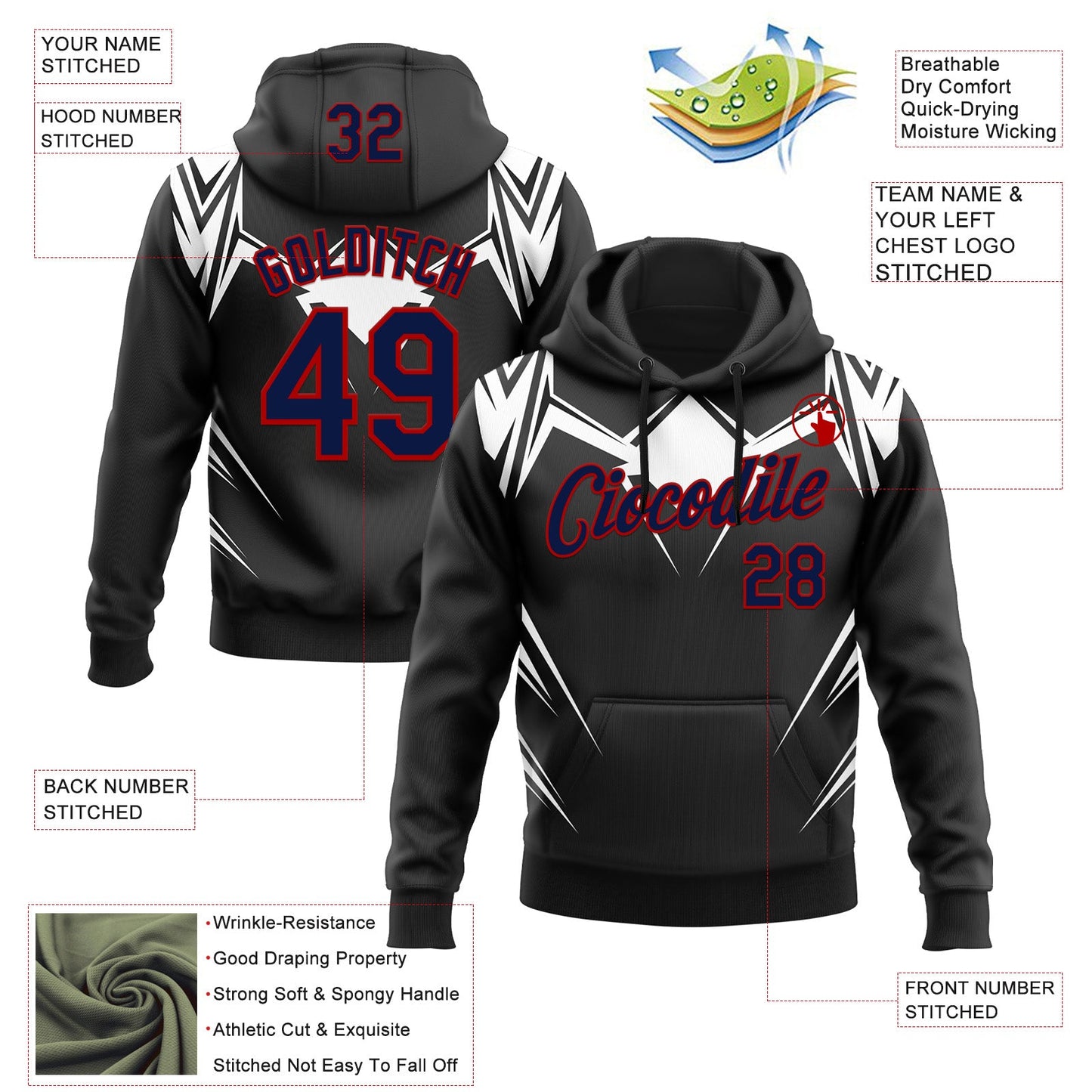 Custom Stitched Black Navy White-Red 3D Pattern Design Sportswear Pullover Sweatshirt Hoodie view 2
