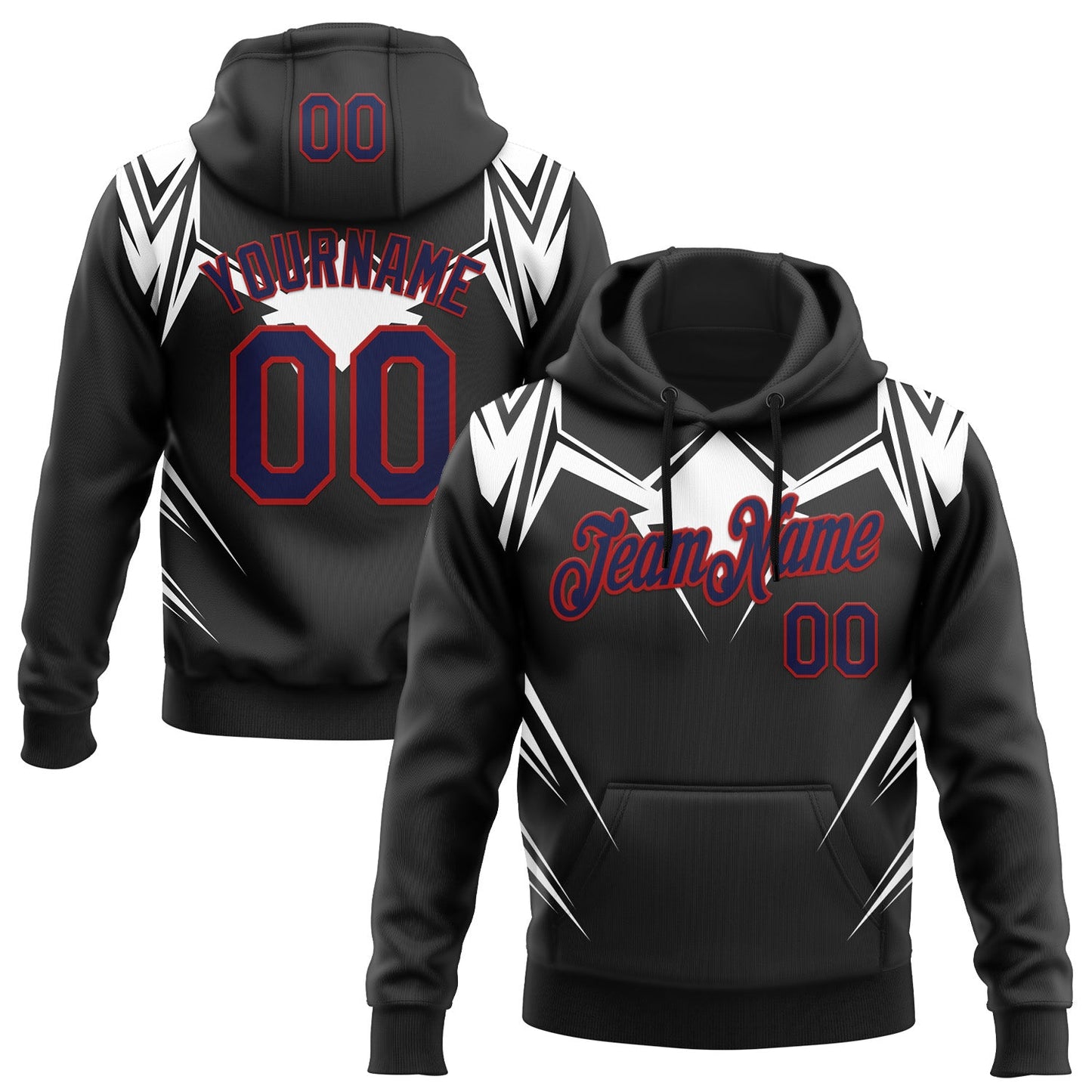 Custom Stitched Black Navy White-Red 3D Pattern Design Sportswear Pullover Sweatshirt Hoodie - Main View