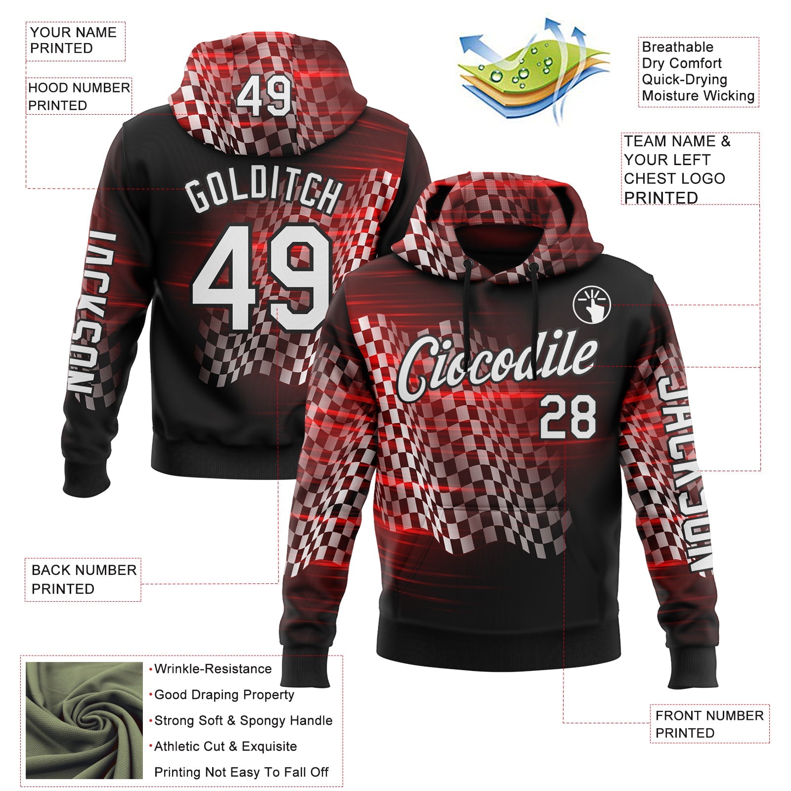Custom Black White-Red 3D Pattern Design Formula Auto Car Racing Motorsport Sports Pullover Sweatshirt Hoodie view 2