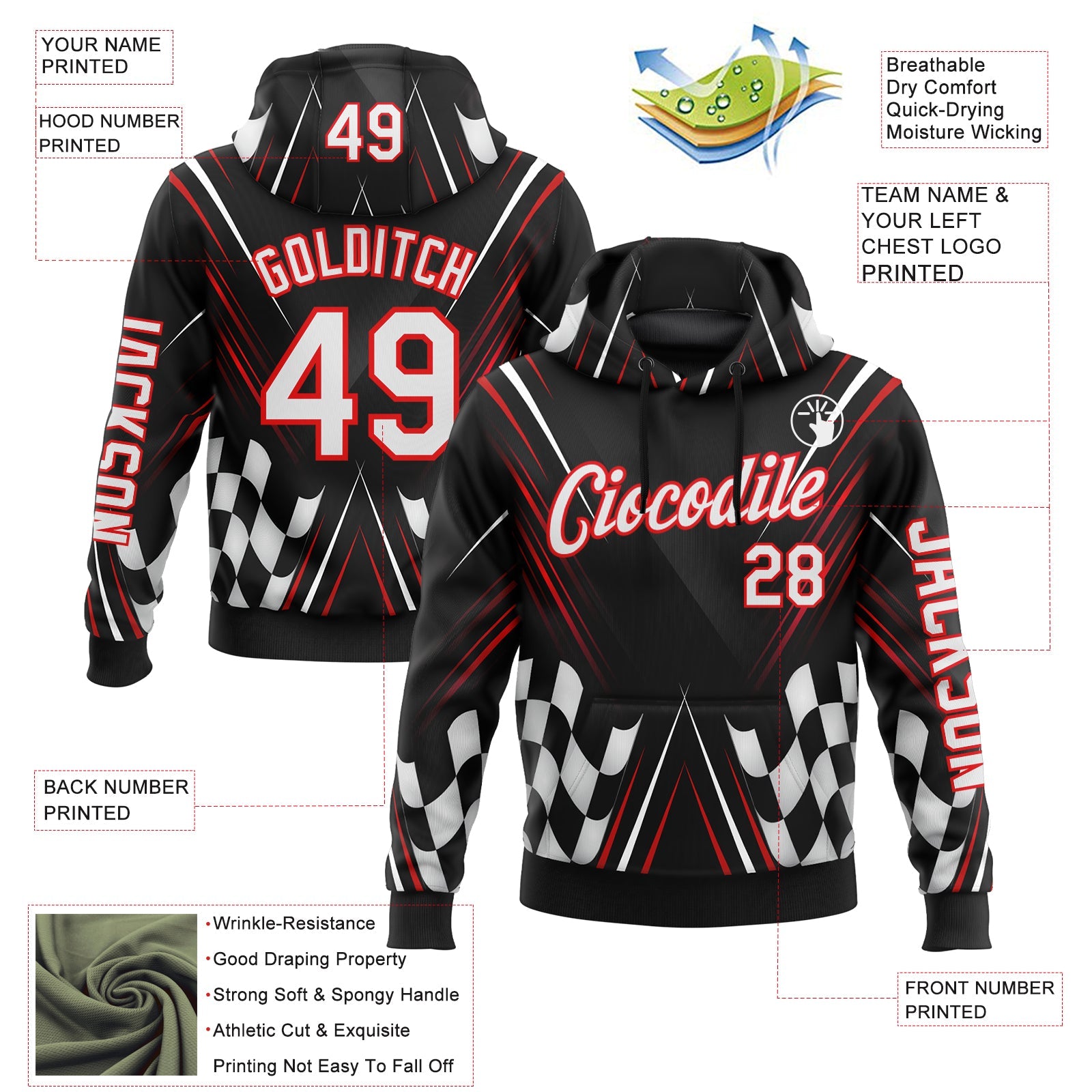 Custom Black White-Fire Red 3D Pattern Design Formula Auto Car Racing Motorsport Sports Pullover Sweatshirt Hoodie view 2