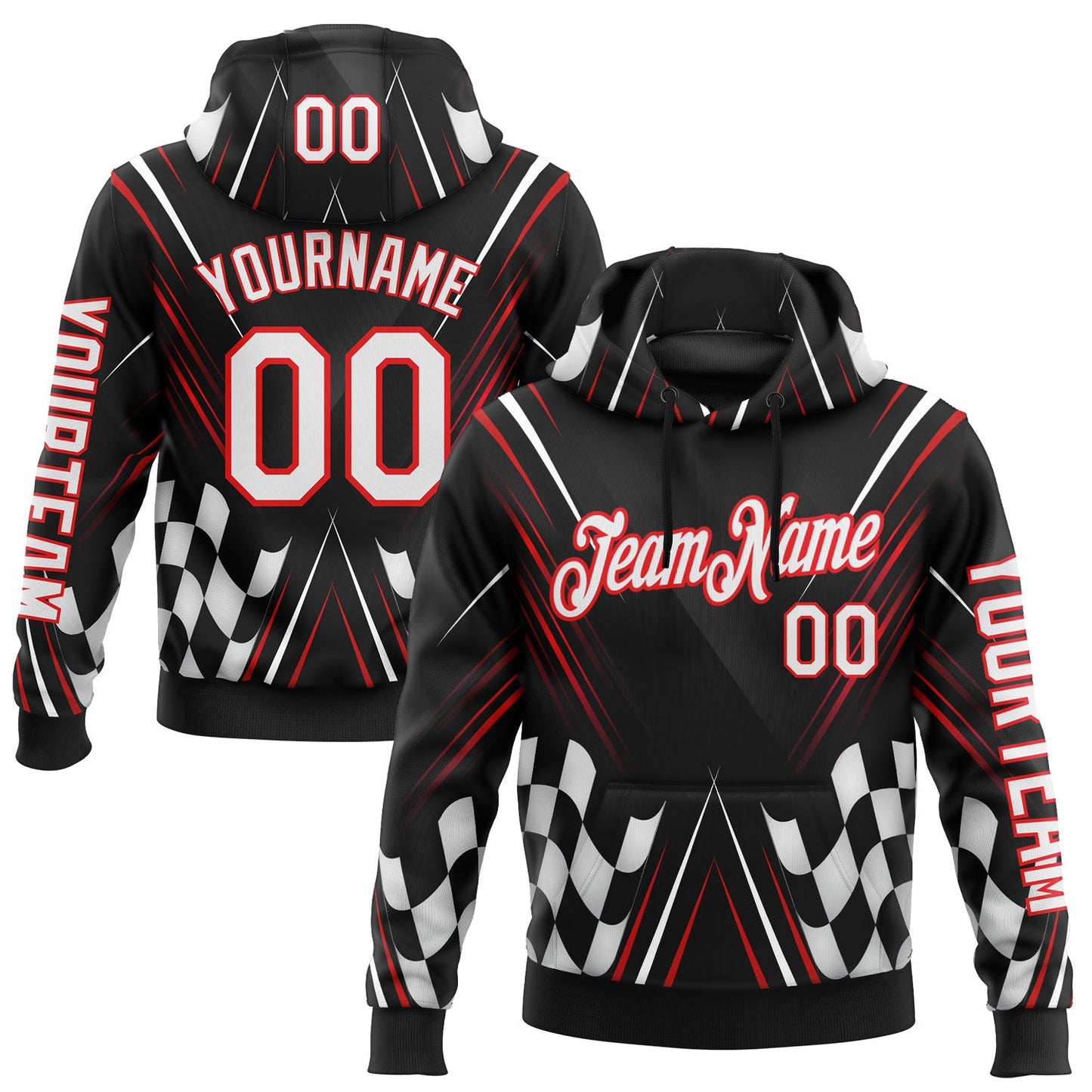Custom Black White-Fire Red 3D Pattern Design Formula Auto Car Racing Motorsport Sports Pullover Sweatshirt Hoodie - Main View