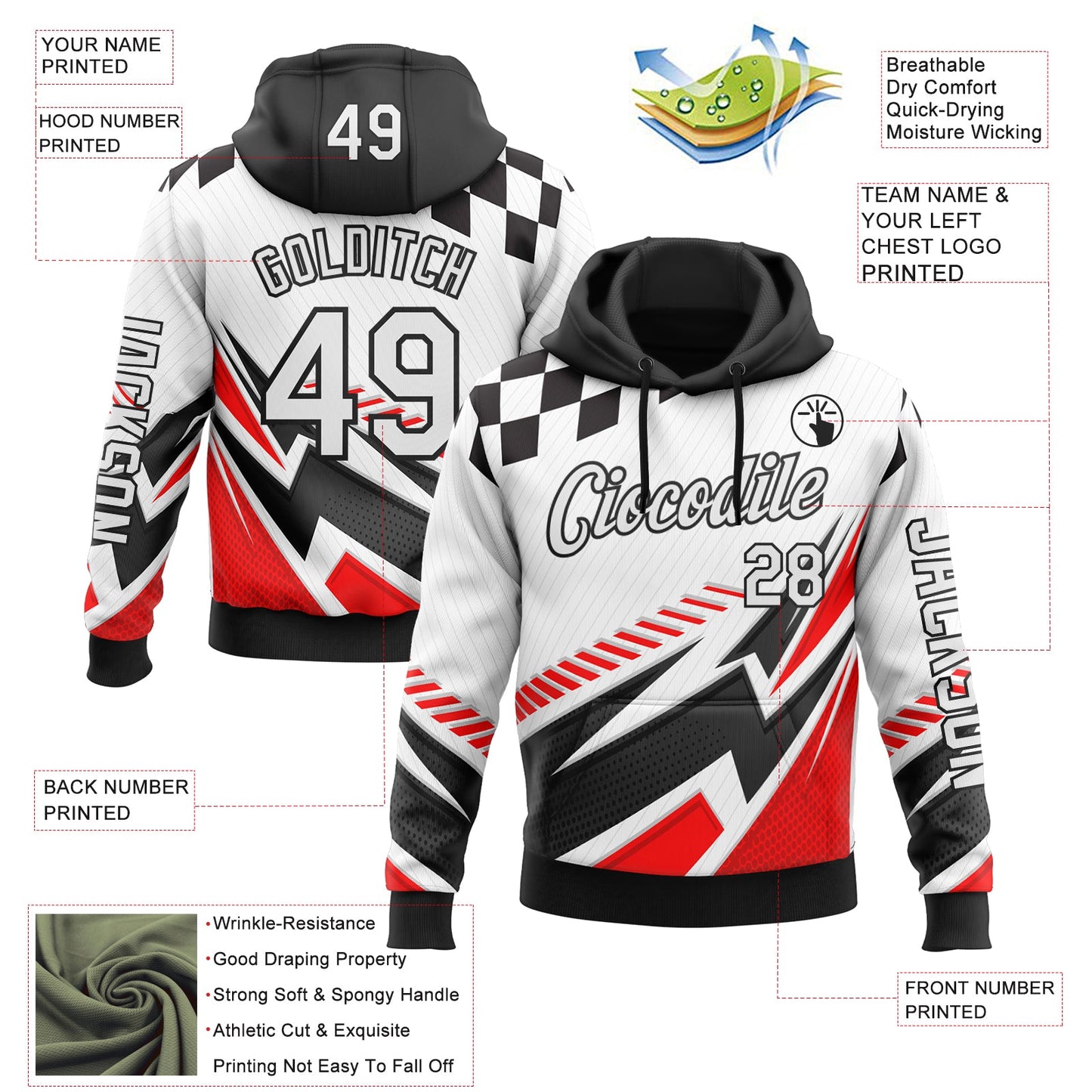 Custom White Black-Red 3D Pattern Design Formula Auto Car Racing Motorsport Sports Pullover Sweatshirt Hoodie view 2