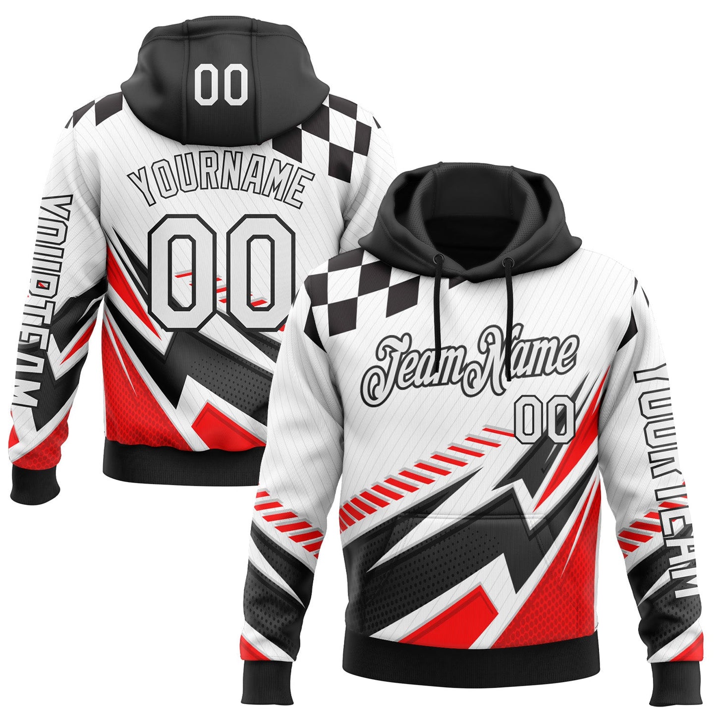 Custom White Black-Red 3D Pattern Design Formula Auto Car Racing Motorsport Sports Pullover Sweatshirt Hoodie - Main View