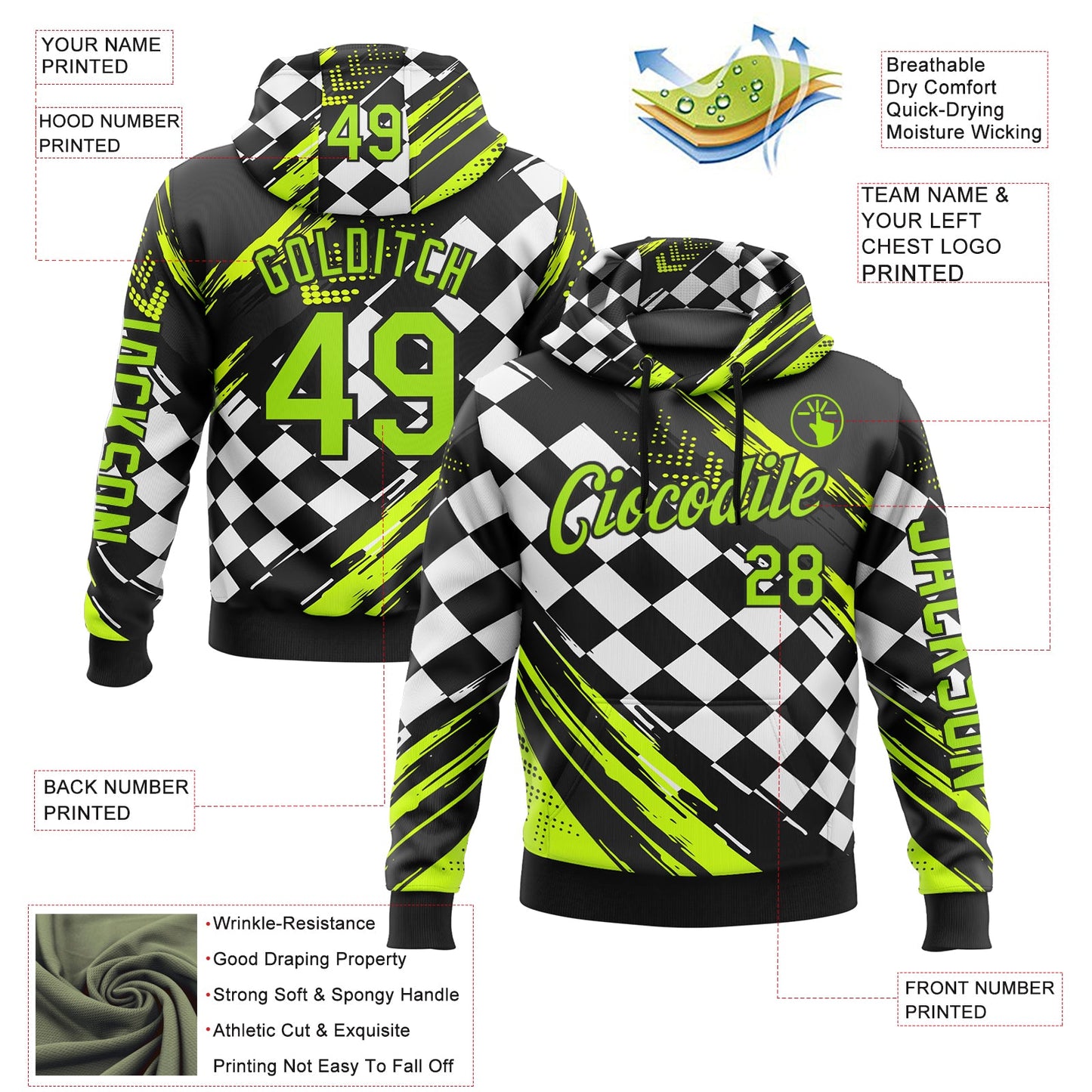 Custom Black Neon Green-White 3D Pattern Design Formula Auto Car Racing Motorsport Sports Pullover Sweatshirt Hoodie view 2