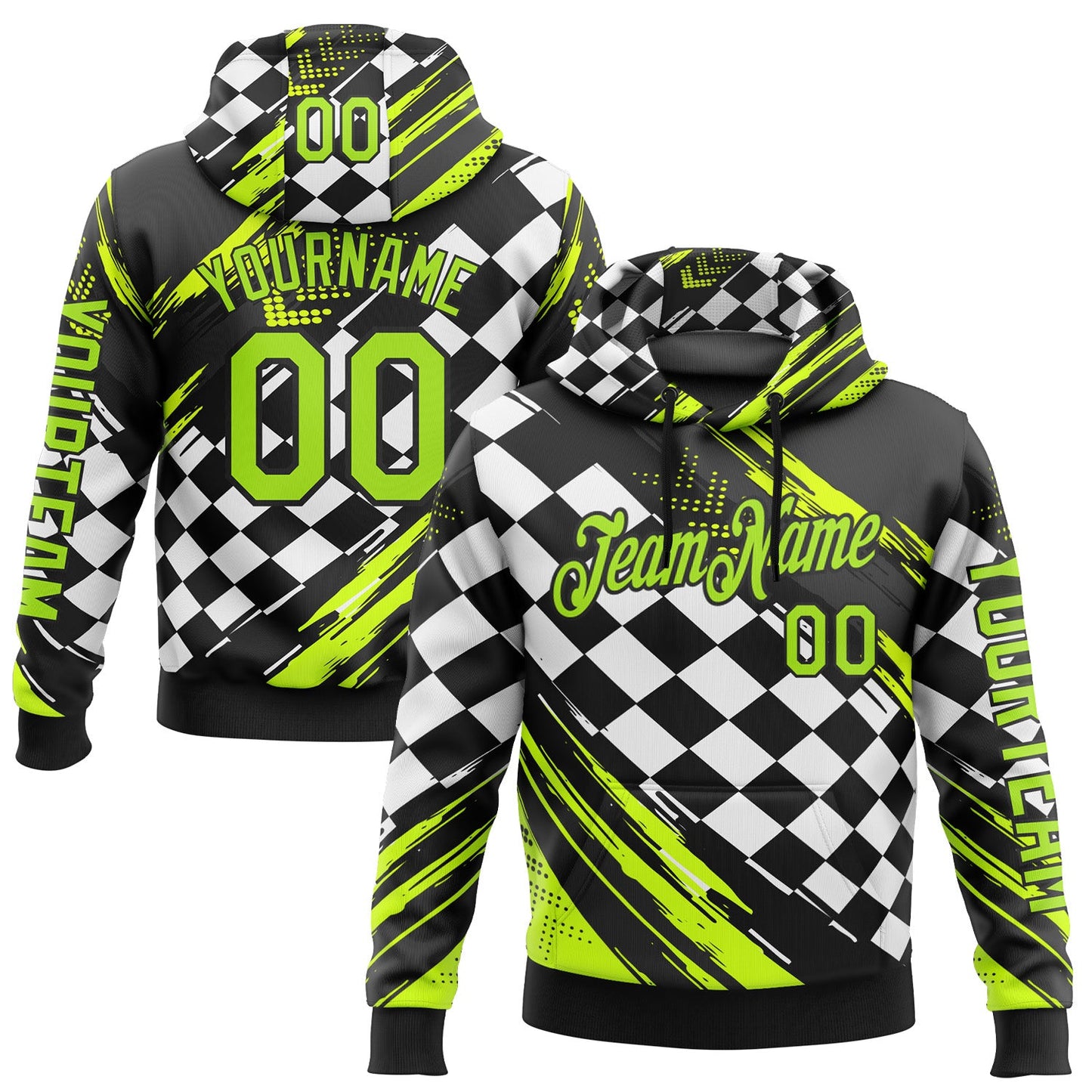 Custom Black Neon Green-White 3D Pattern Design Formula Auto Car Racing Motorsport Sports Pullover Sweatshirt Hoodie - Main View