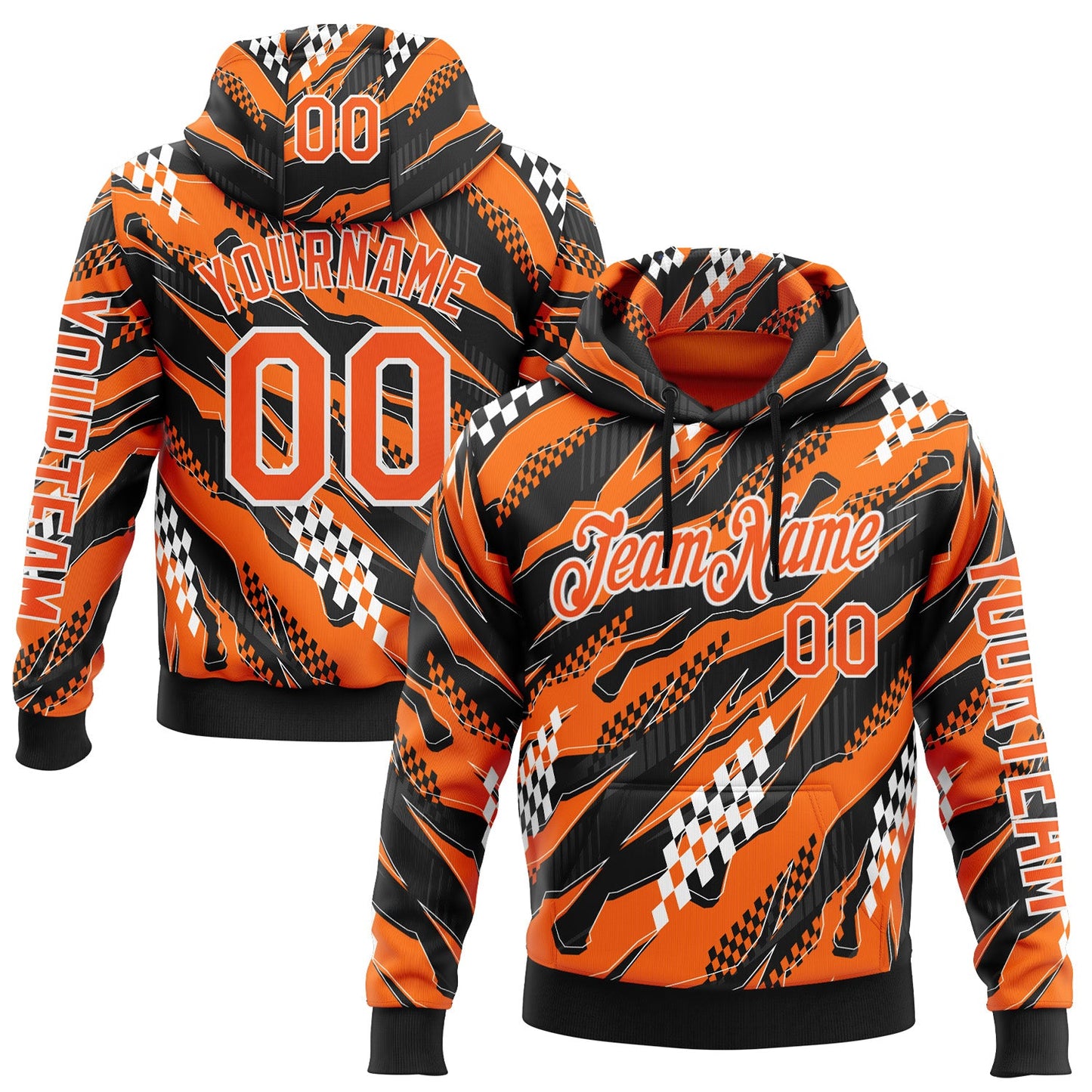 Custom Orange Black-White 3D Pattern Design Formula Auto Car Racing Motorsport Sports Pullover Sweatshirt Hoodie - Main View