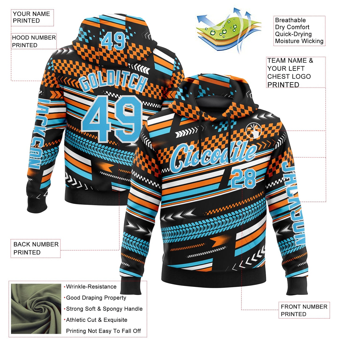 Custom Black Sky Blue Orange-White 3D Pattern Design Formula Auto Car Racing Motorsport Sports Pullover Sweatshirt Hoodie view 2