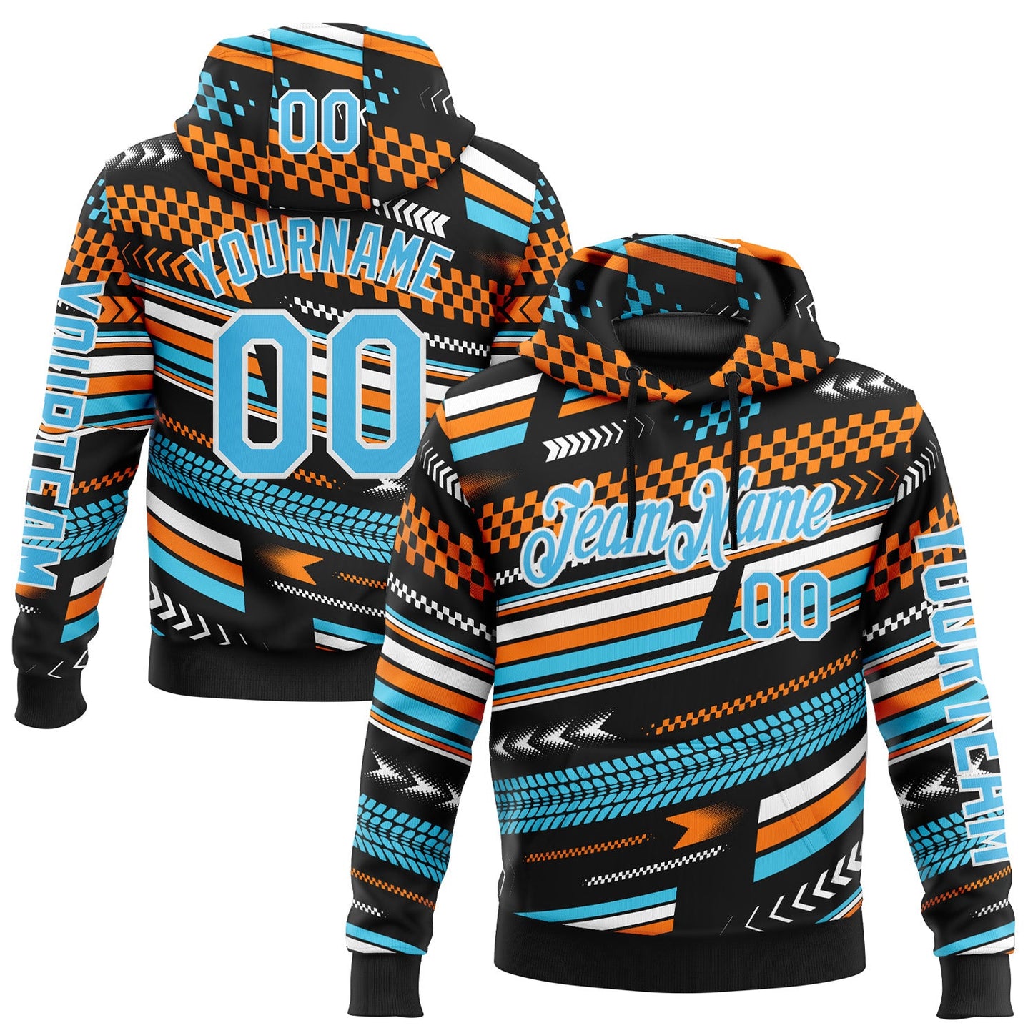 Custom Black Sky Blue Orange-White 3D Pattern Design Formula Auto Car Racing Motorsport Sports Pullover Sweatshirt Hoodie - Main View