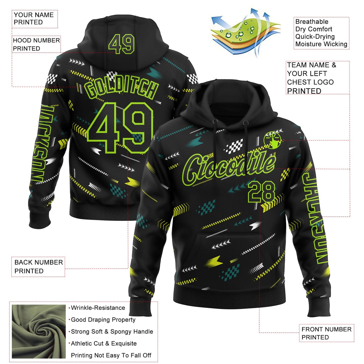 Custom Black Neon Green-White 3D Pattern Design Formula Auto Car Racing Motorsport Sports Pullover Sweatshirt Hoodie view 2