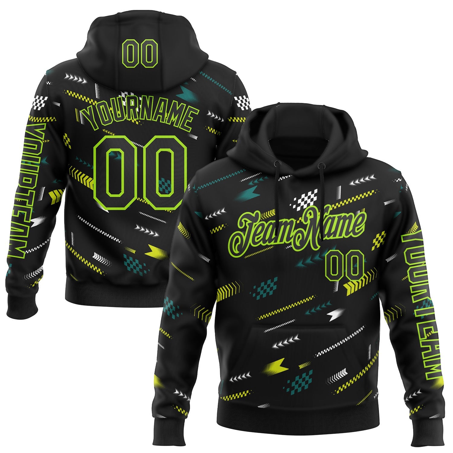 Custom Black Neon Green-White 3D Pattern Design Formula Auto Car Racing Motorsport Sports Pullover Sweatshirt Hoodie - Main View