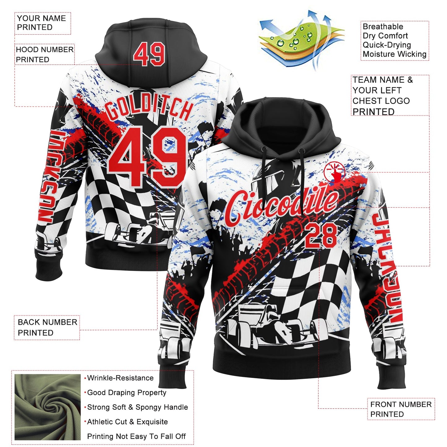 Custom Black Fire Red-White 3D Pattern Design Formula Auto Car Racing Motorsport Sports Pullover Sweatshirt Hoodie view 2
