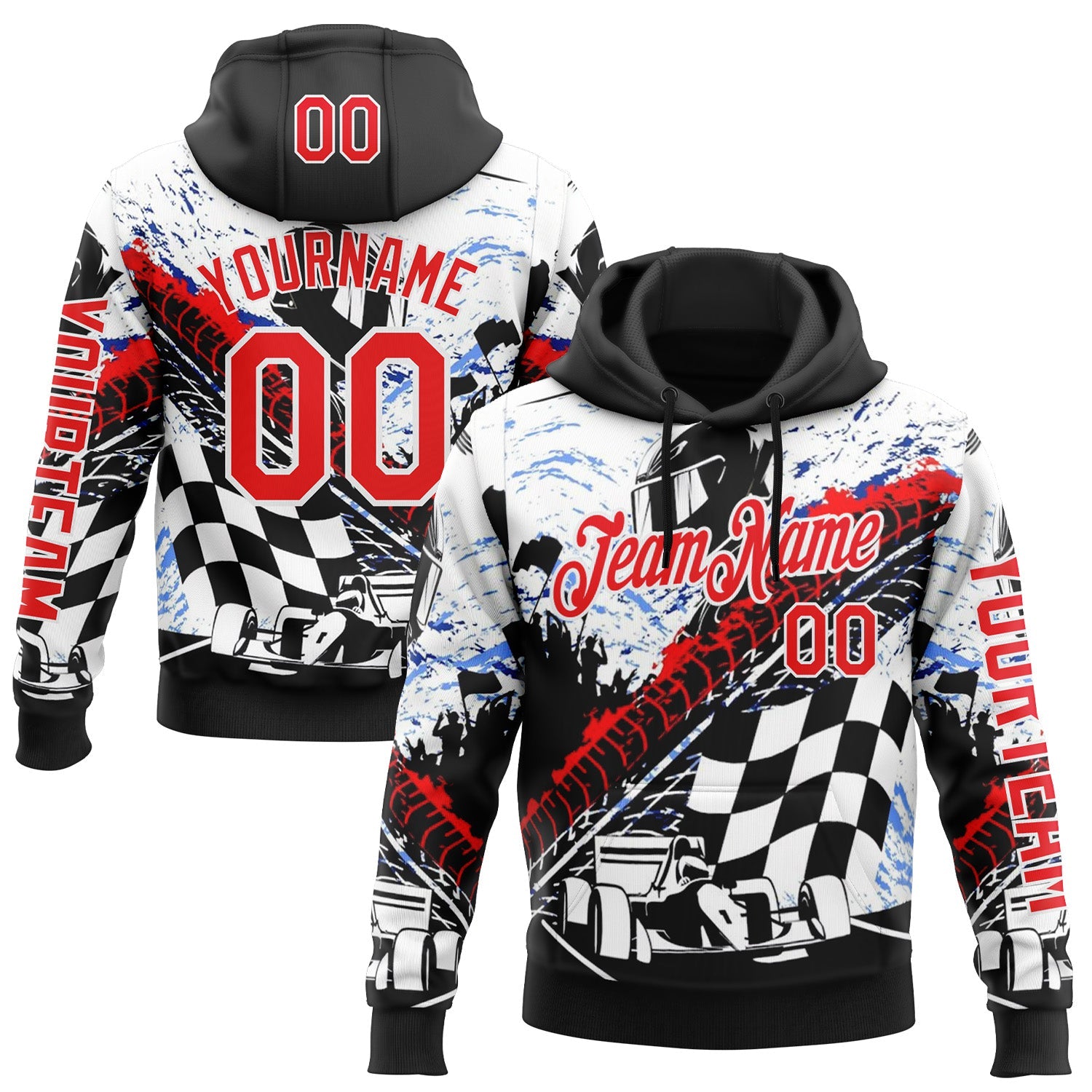 Custom Black Fire Red-White 3D Pattern Design Formula Auto Car Racing Motorsport Sports Pullover Sweatshirt Hoodie - Main View