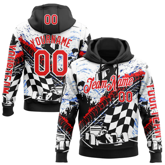 Custom Black Fire Red-White 3D Pattern Design Formula Auto Car Racing Motorsport Sports Pullover Sweatshirt Hoodie - Main View