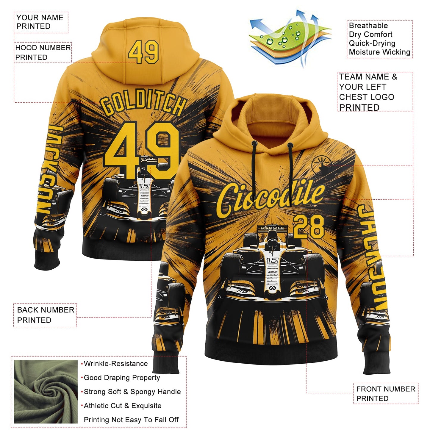 Custom Yellow Black-White 3D Pattern Design Formula Auto Car Racing Motorsport Sports Pullover Sweatshirt Hoodie view 2