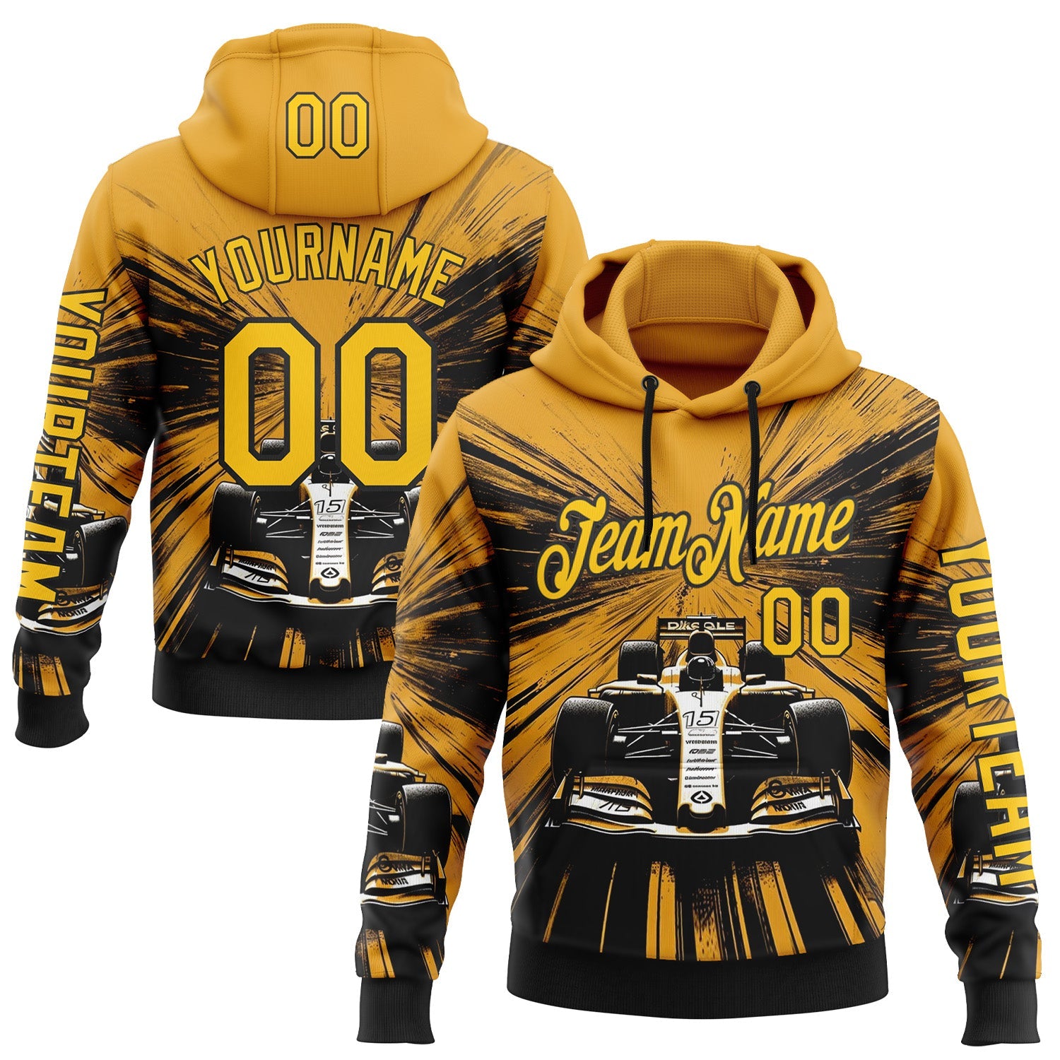 Custom Yellow Black-White 3D Pattern Design Formula Auto Car Racing Motorsport Sports Pullover Sweatshirt Hoodie - Main View