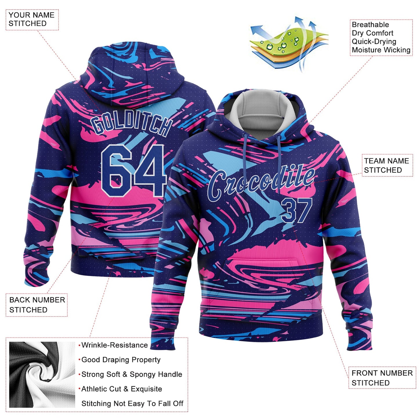 Custom Stitched Figure Royal Pink Light Blue-White 3D Pattern Design Sports Pullover Sweatshirt Hoodie view 2