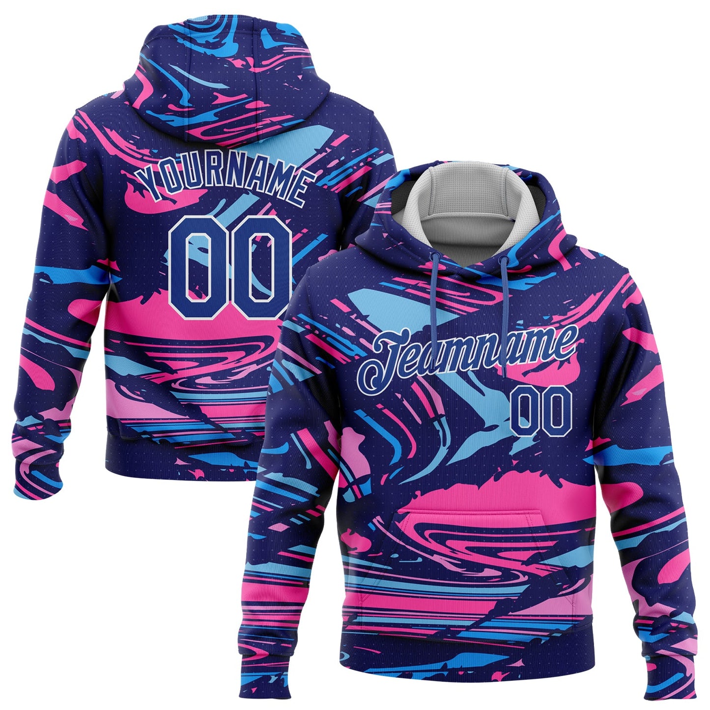 Custom Stitched Figure Royal Pink Light Blue-White 3D Pattern Design Sports Pullover Sweatshirt Hoodie - Main View