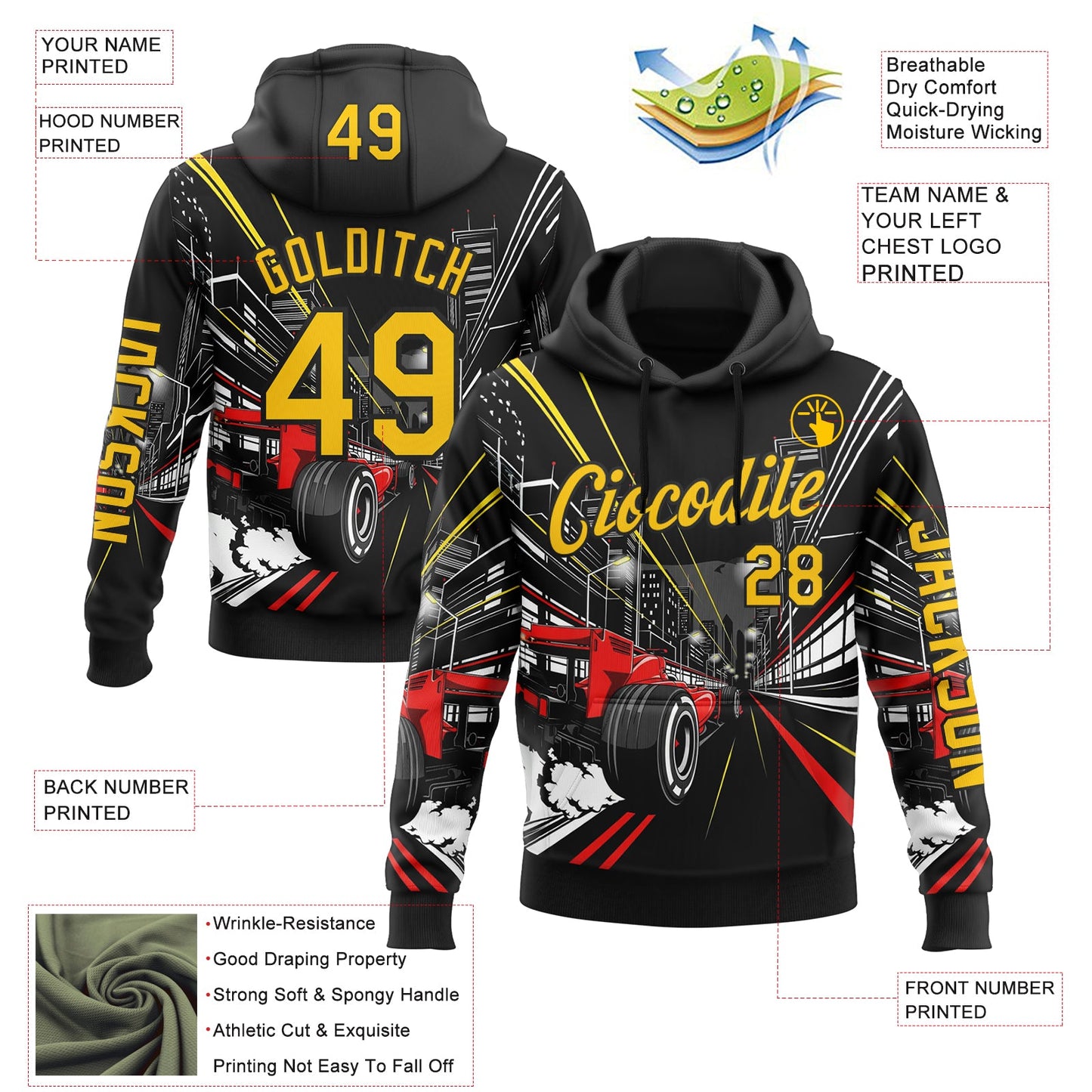 Custom Black Yellow Red-White 3D Pattern Design Formula Auto Car Racing Motorsport Sports Pullover Sweatshirt Hoodie view 2