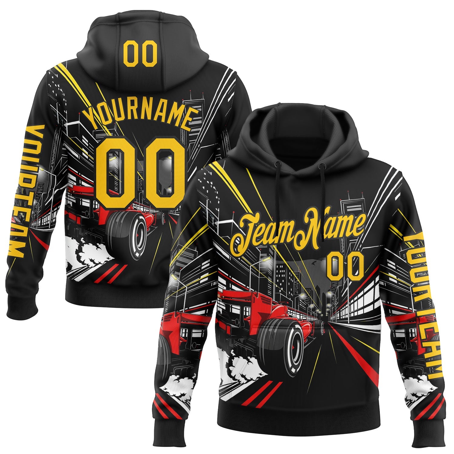 Custom Black Yellow Red-White 3D Pattern Design Formula Auto Car Racing Motorsport Sports Pullover Sweatshirt Hoodie - Main View