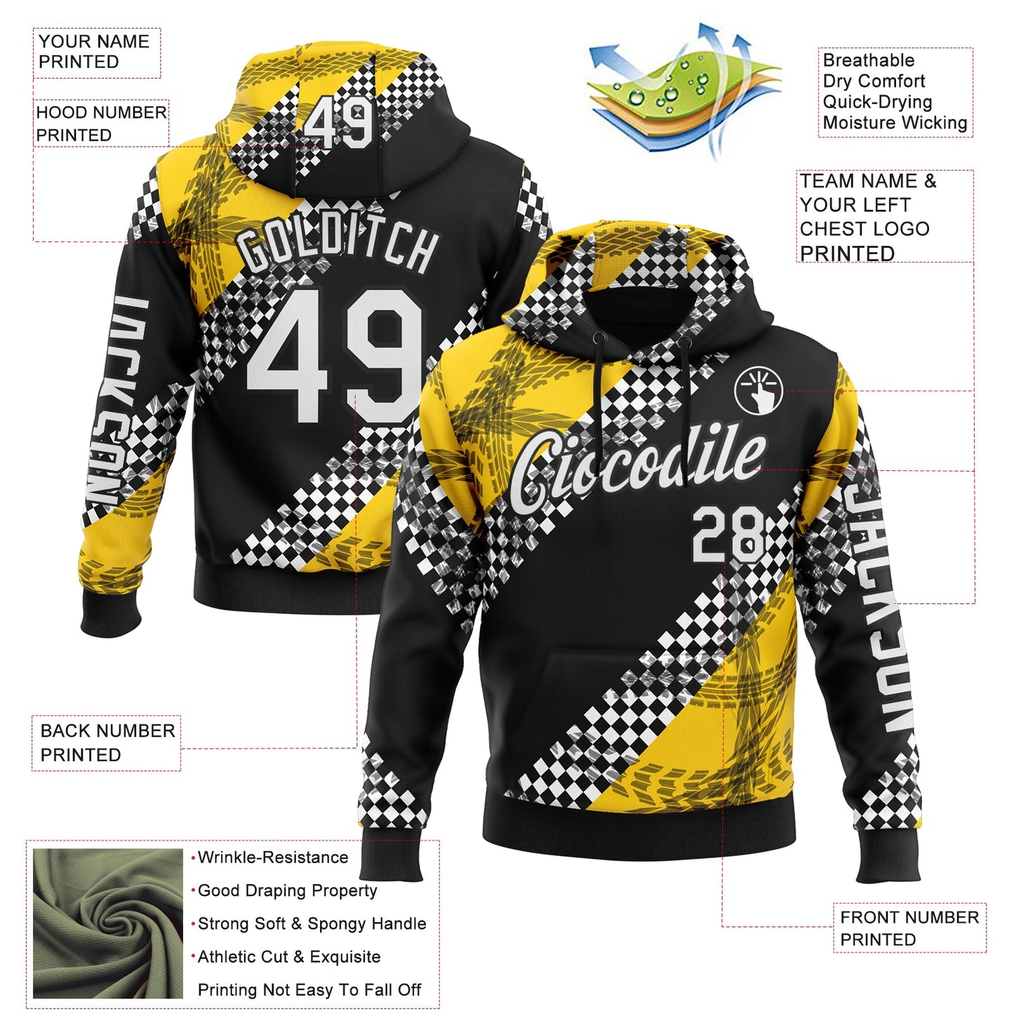 Custom Black White-Yellow 3D Pattern Design Formula Auto Car Racing Motorsport Sports Pullover Sweatshirt Hoodie view 2