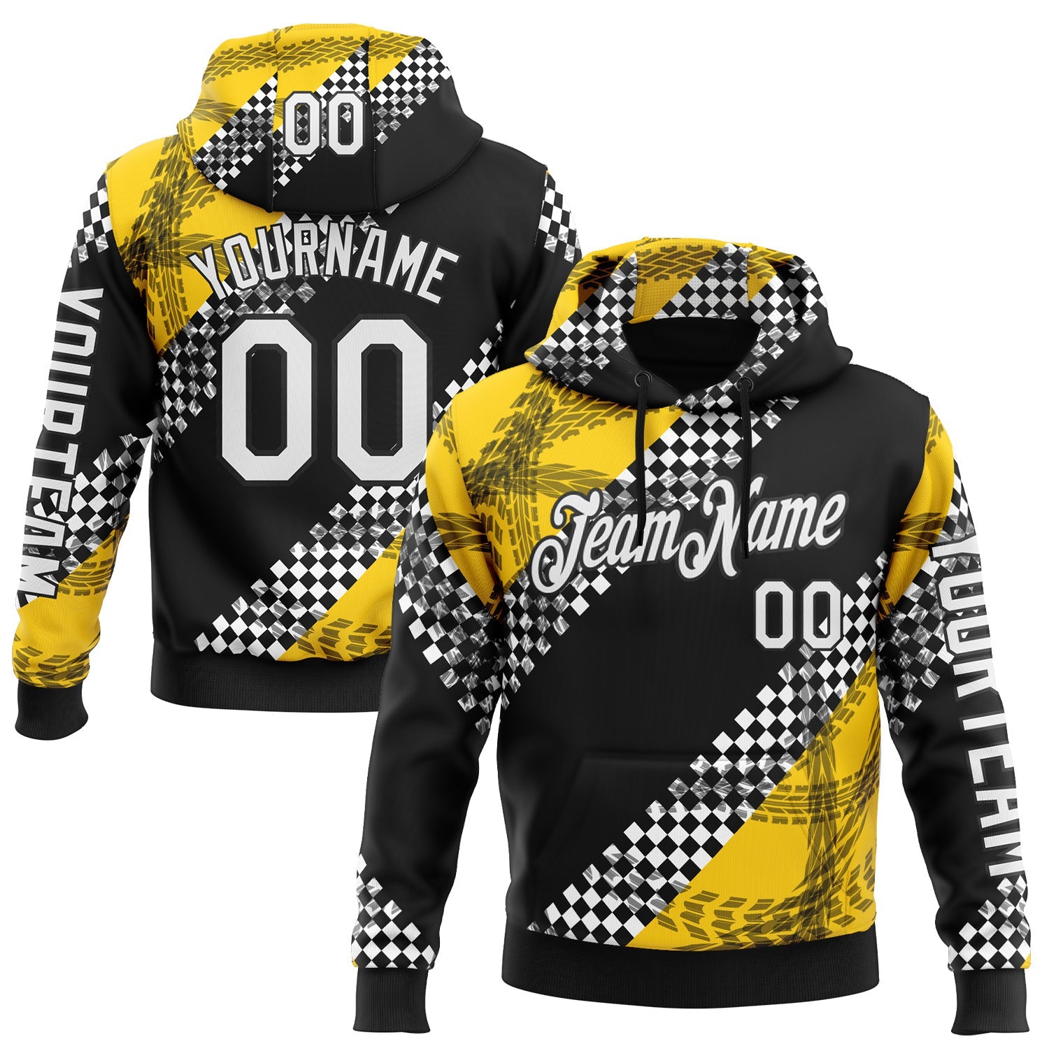 Custom Black White-Yellow 3D Pattern Design Formula Auto Car Racing Motorsport Sports Pullover Sweatshirt Hoodie - Main View