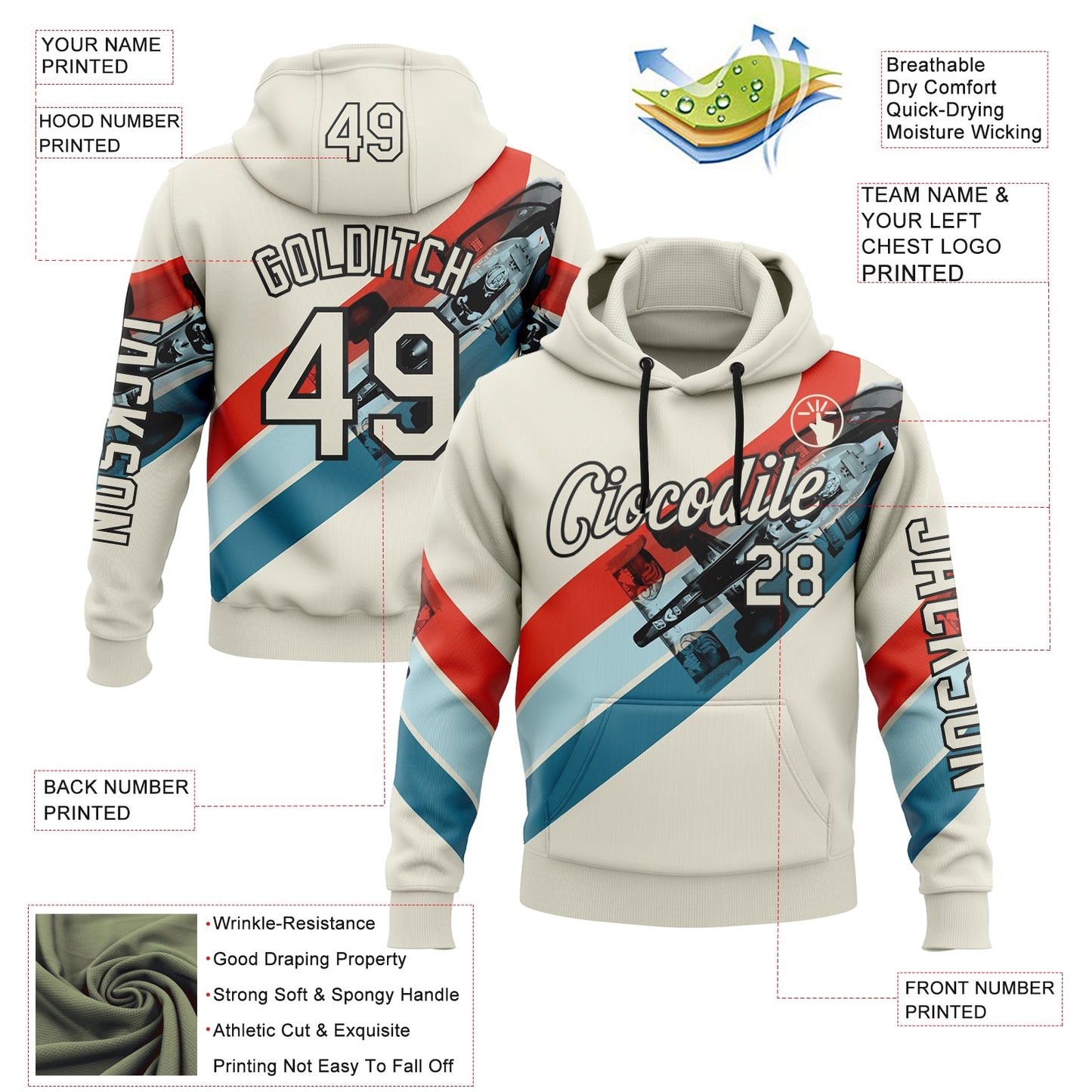 Custom Cream Red Blue-Black 3D Pattern Design Formula Auto Car Racing Motorsport Sports Pullover Sweatshirt Hoodie view 2