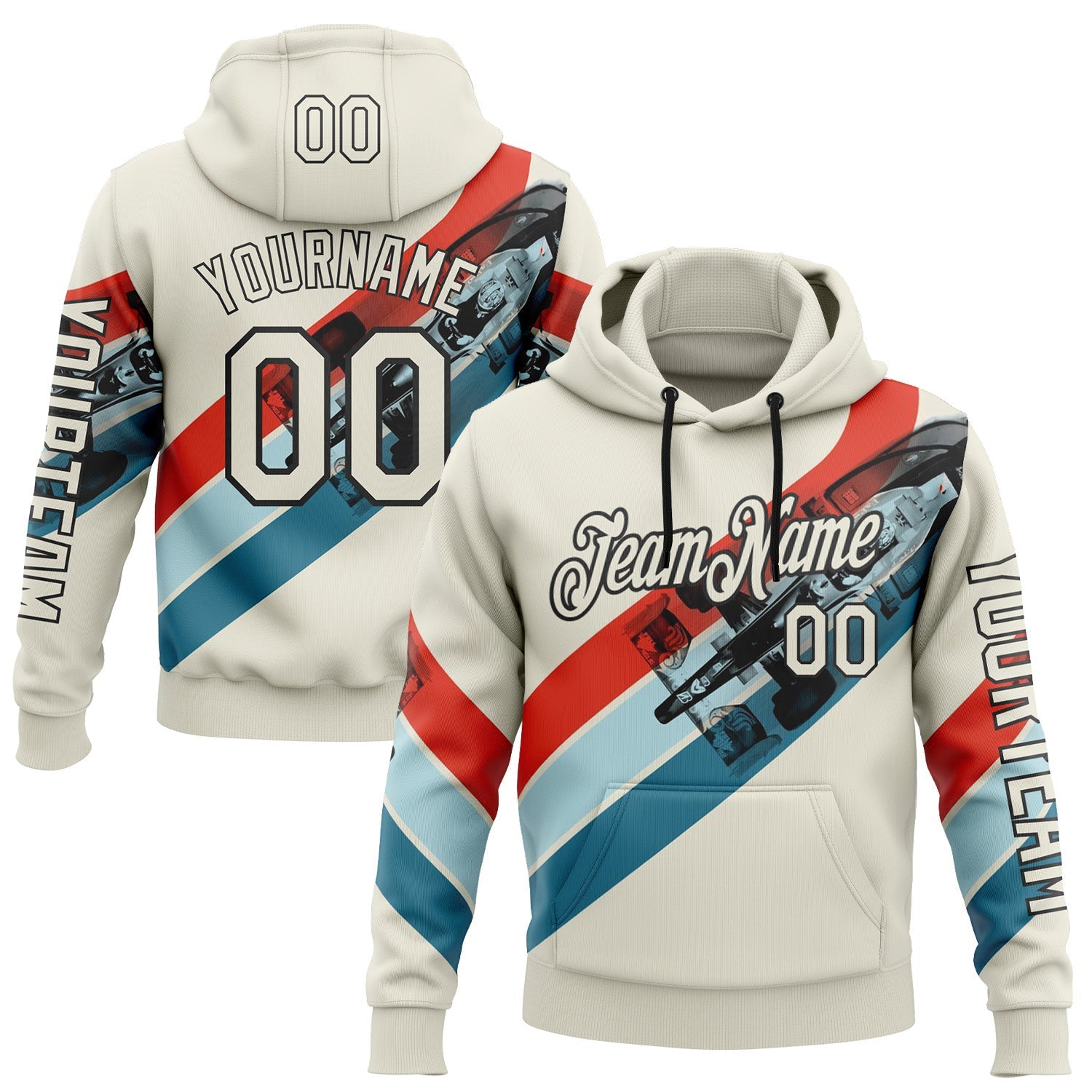 Custom Cream Red Blue-Black 3D Pattern Design Formula Auto Car Racing Motorsport Sports Pullover Sweatshirt Hoodie - Main View