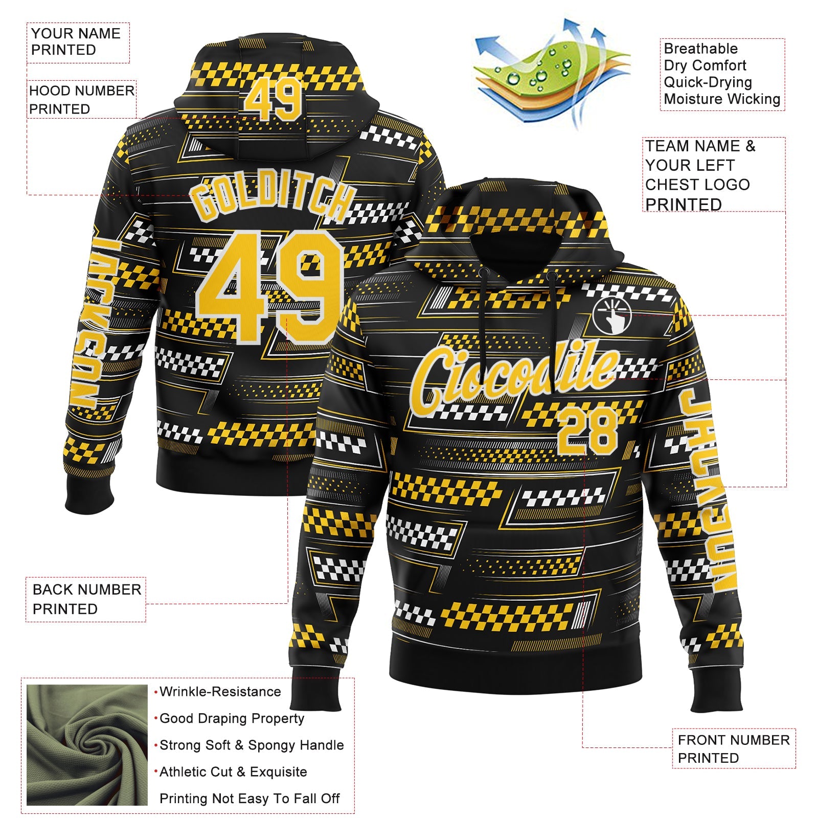 Custom Black Yellow-White 3D Pattern Design Formula Auto Car Racing Motorsport Sports Pullover Sweatshirt Hoodie view 2