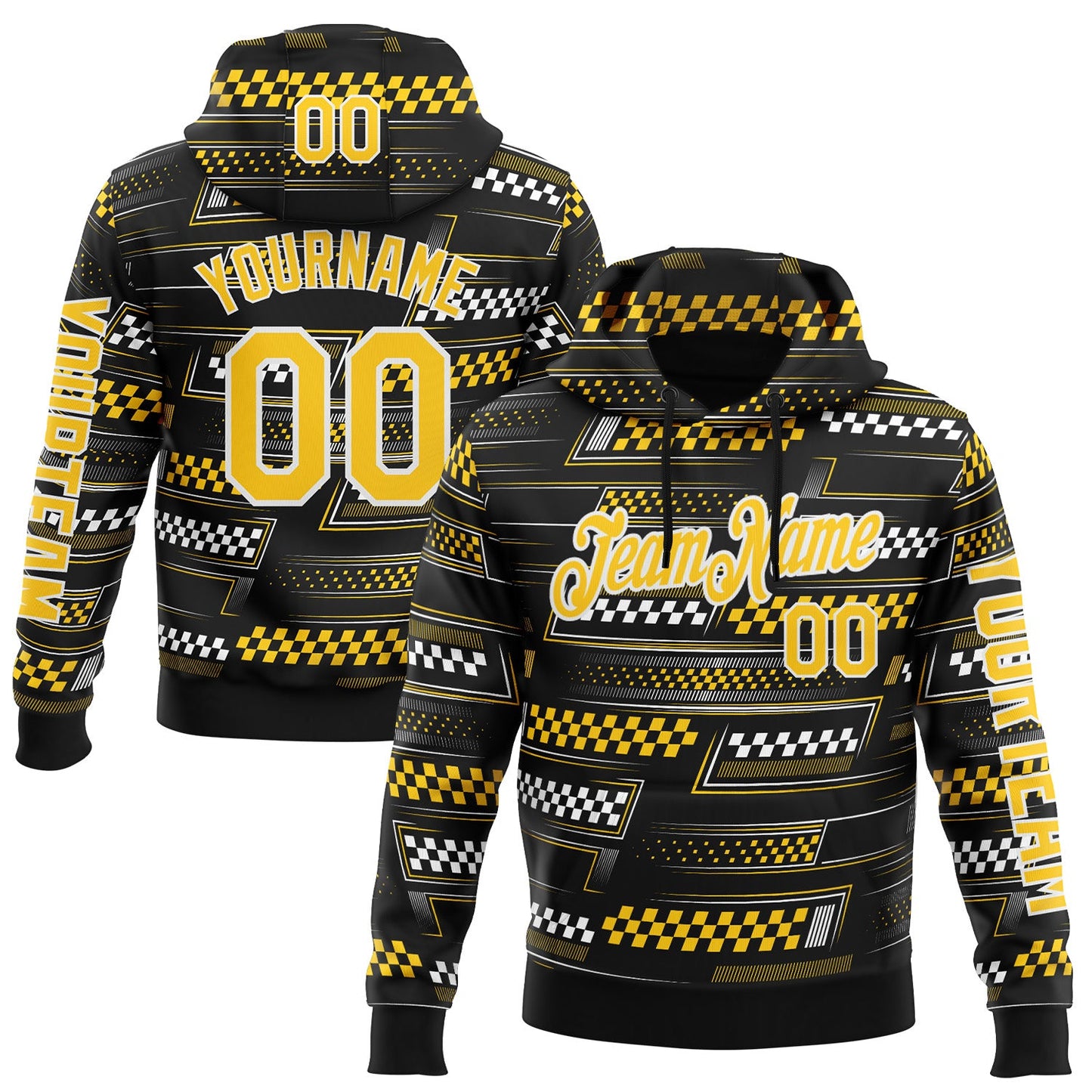 Custom Black Yellow-White 3D Pattern Design Formula Auto Car Racing Motorsport Sports Pullover Sweatshirt Hoodie - Main View
