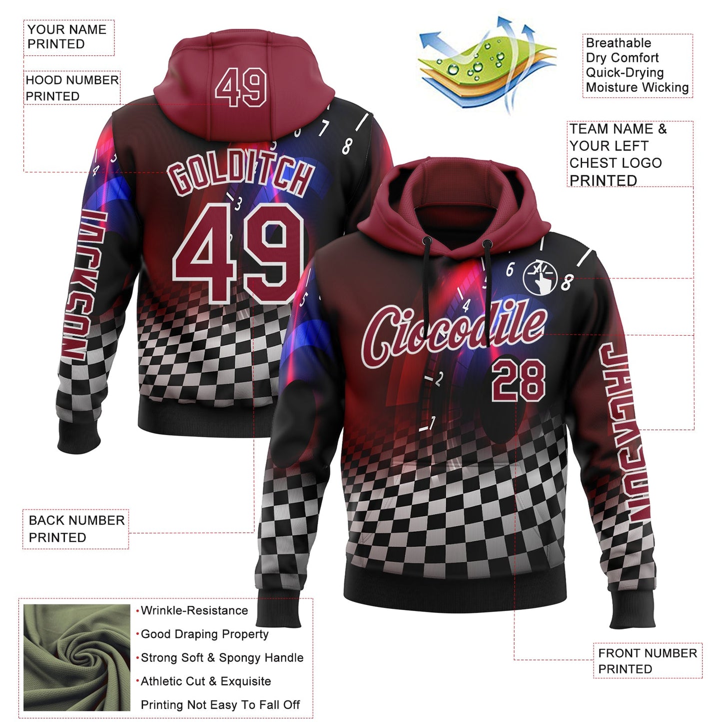 Custom Black Crimson-White 3D Pattern Design Formula Auto Car Racing Motorsport Sports Pullover Sweatshirt Hoodie view 2