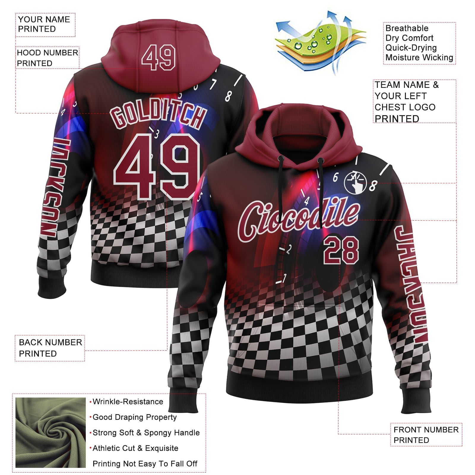 Custom Black Crimson-White 3D Pattern Design Formula Auto Car Racing Motorsport Sports Pullover Sweatshirt Hoodie view 2