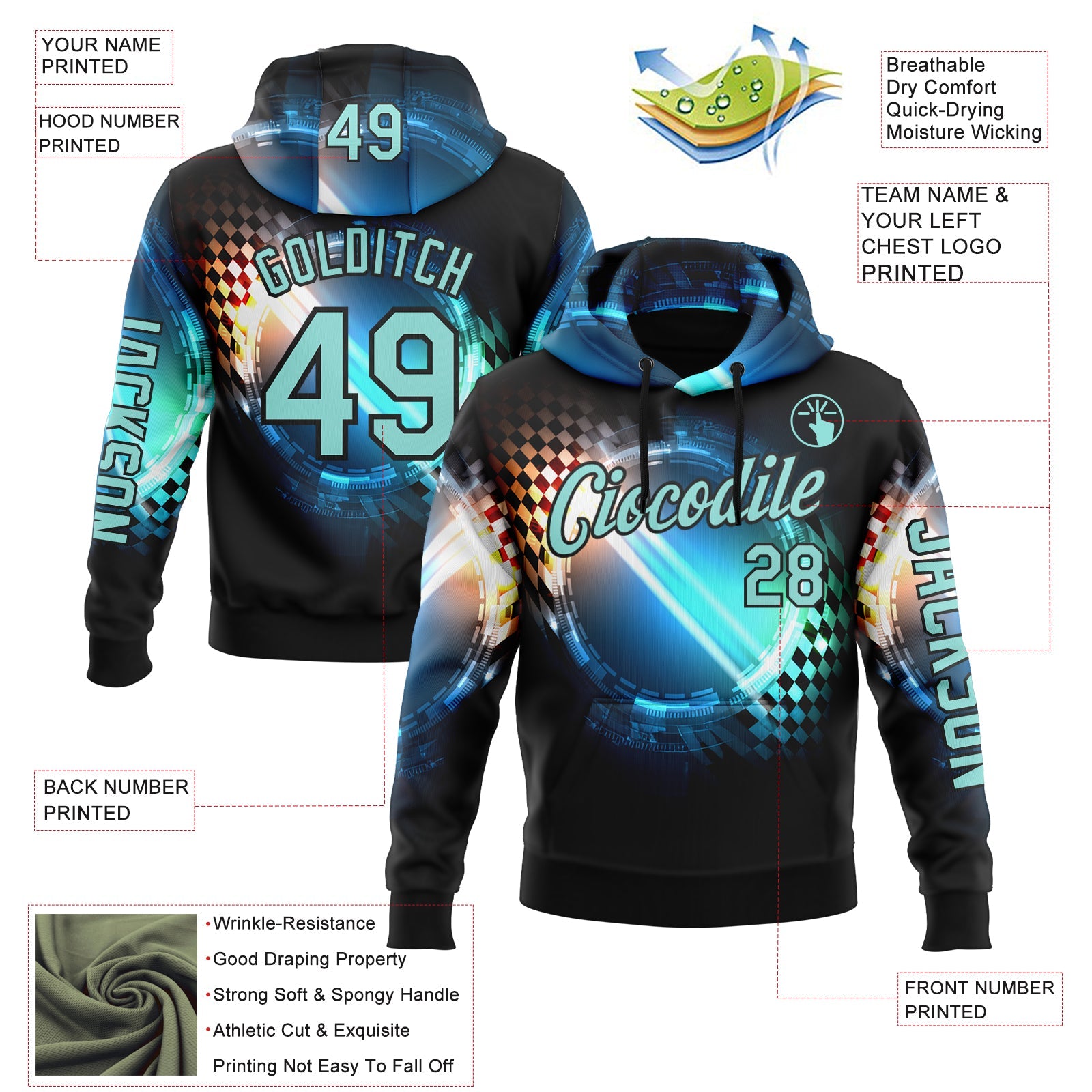 Custom Black Ice Blue-Blue 3D Pattern Design Formula Auto Car Racing Motorsport Sports Pullover Sweatshirt Hoodie view 2