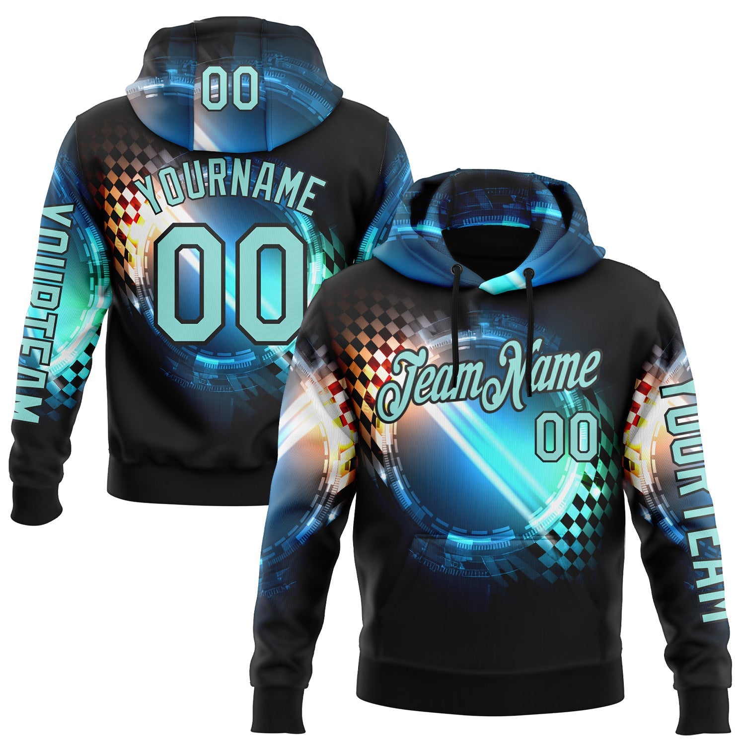 Custom Black Ice Blue-Blue 3D Pattern Design Formula Auto Car Racing Motorsport Sports Pullover Sweatshirt Hoodie - Main View